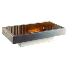 Willy Rizzo Brushed Steel & Backlit Glass Coffee Table, Italy, 1970s
