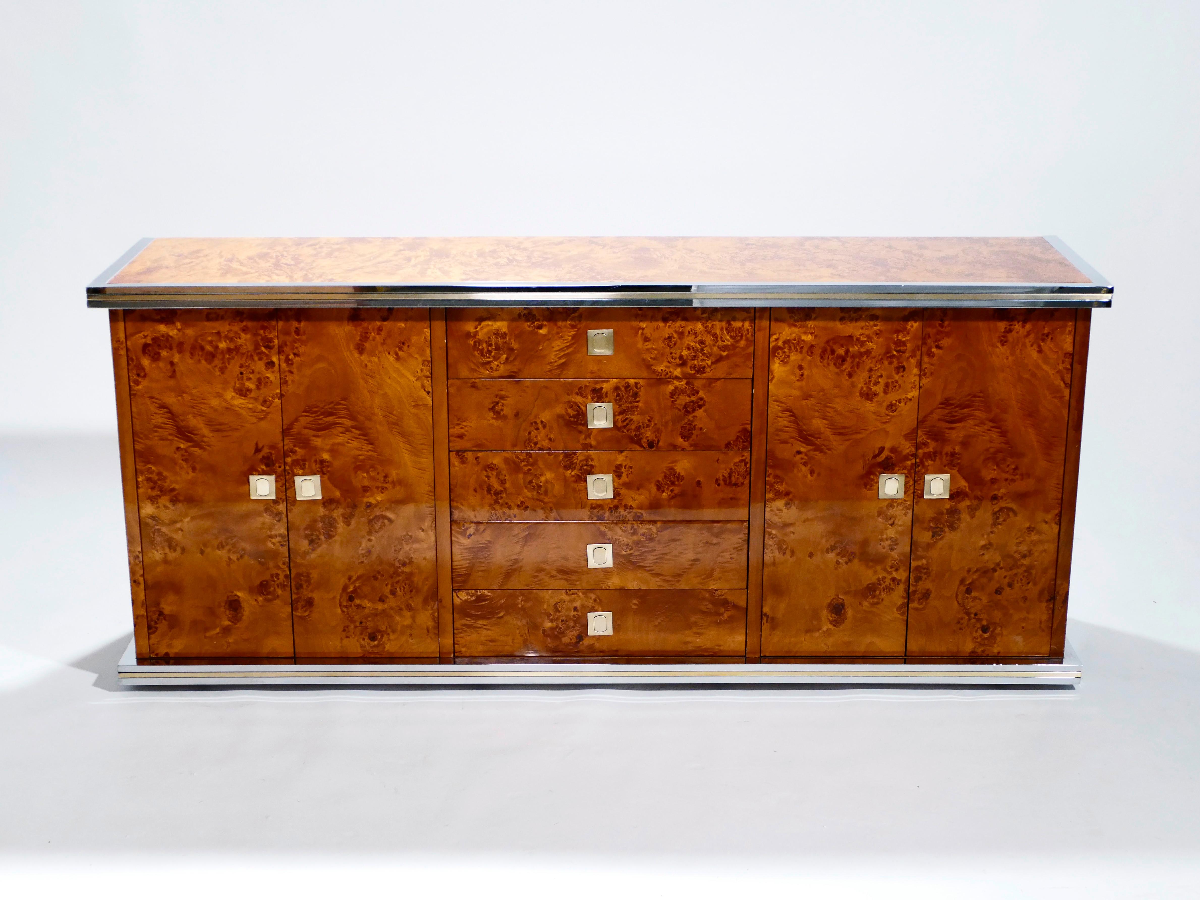 Mid-Century Modern Willy Rizzo Burl Chrome and Brass Credenza, 1970s