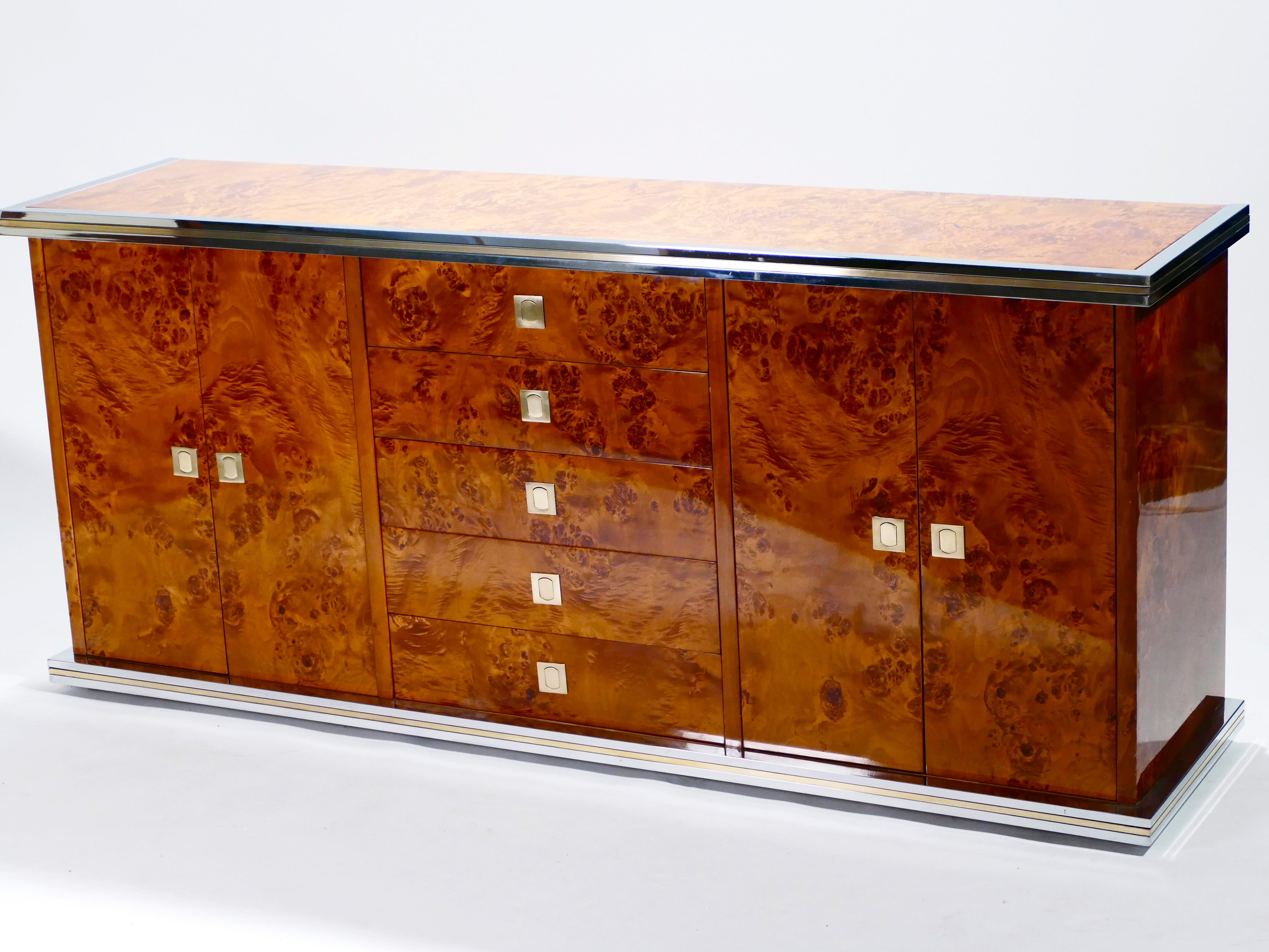 Italian Willy Rizzo Burl Chrome and Brass Credenza, 1970s