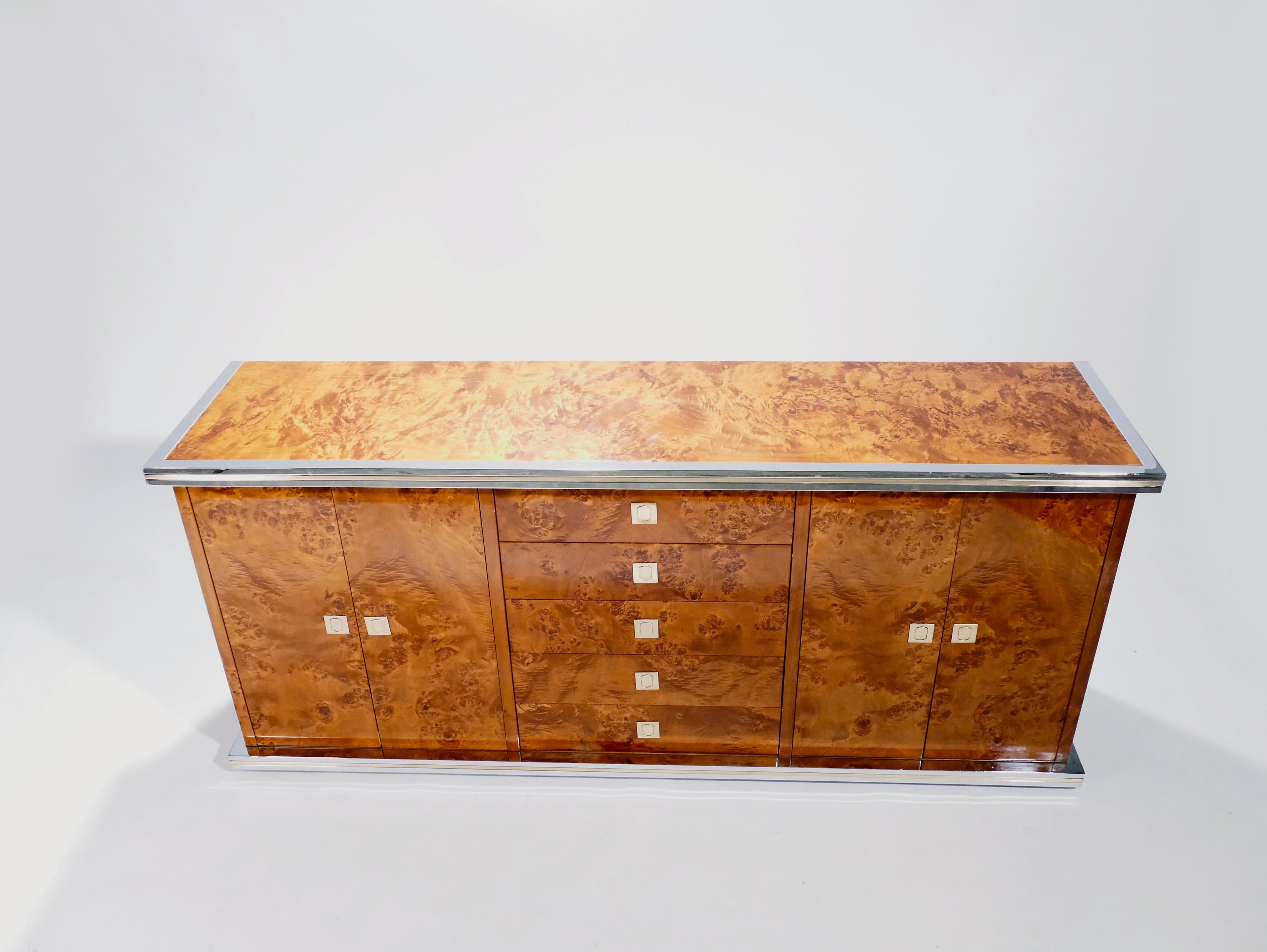 Willy Rizzo Burl Chrome and Brass Credenza, 1970s In Excellent Condition In Paris, IDF