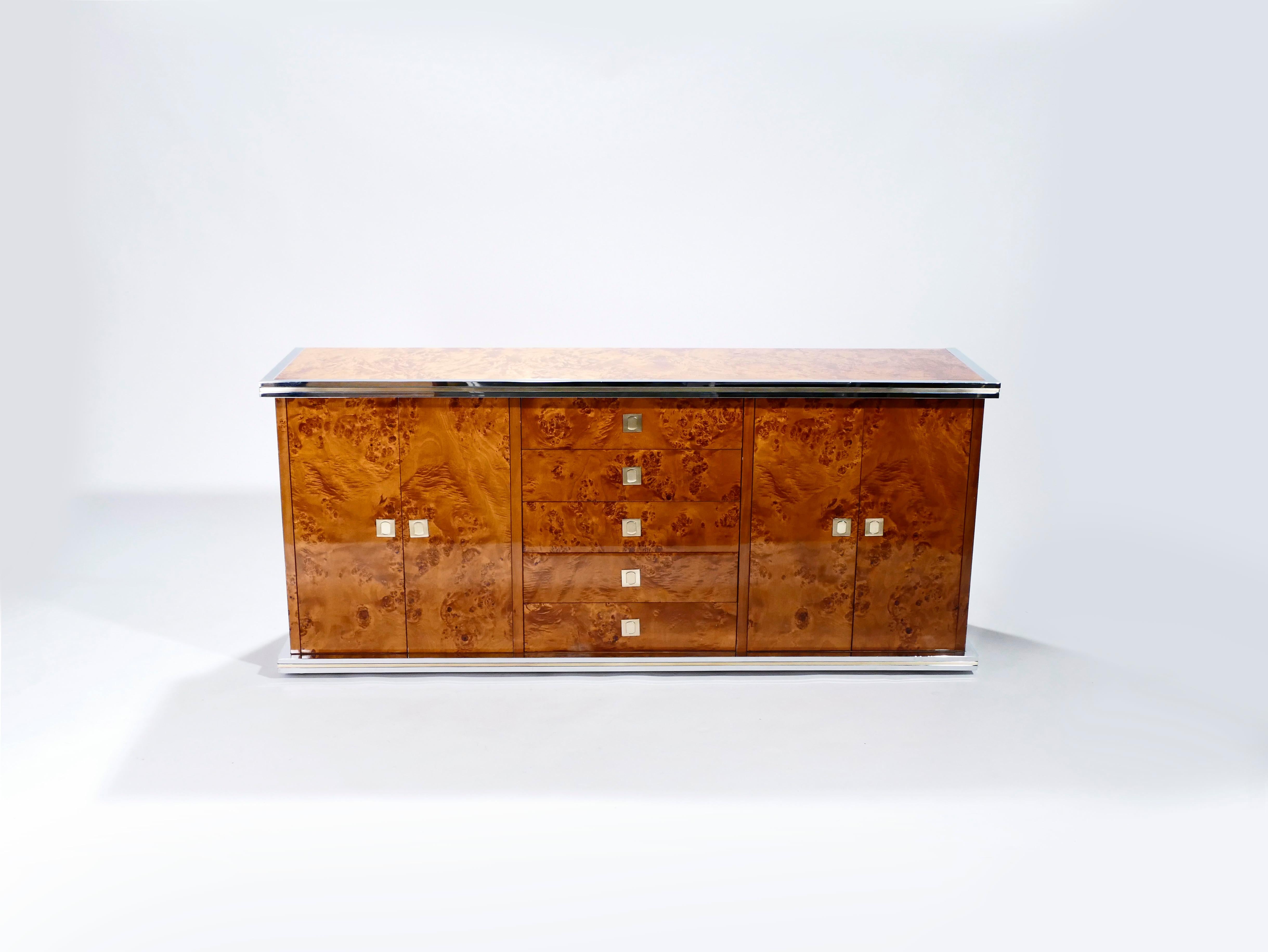 Late 20th Century Willy Rizzo Burl Chrome and Brass Credenza, 1970s