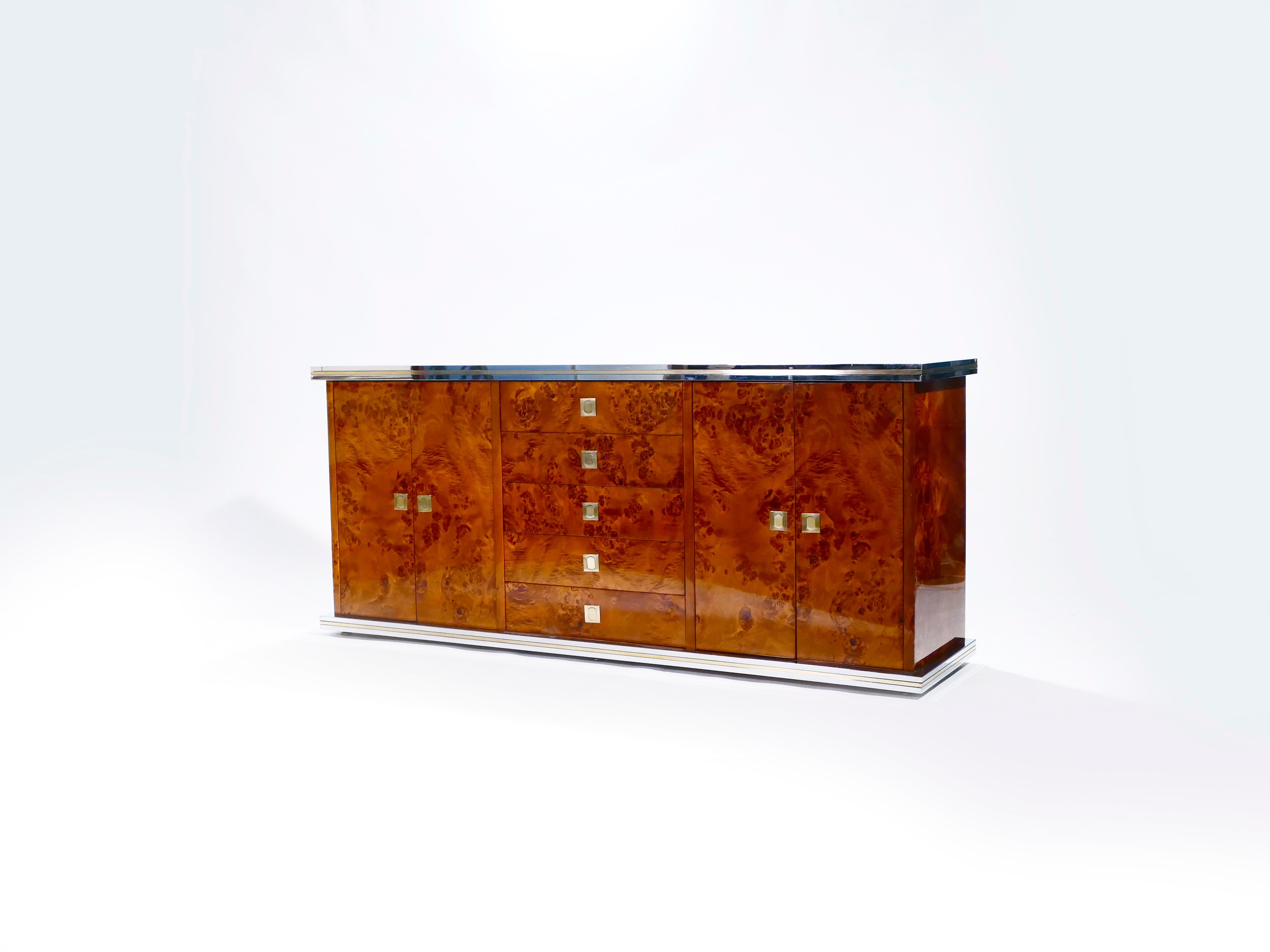 Willy Rizzo Burl Chrome and Brass Credenza, 1970s 1