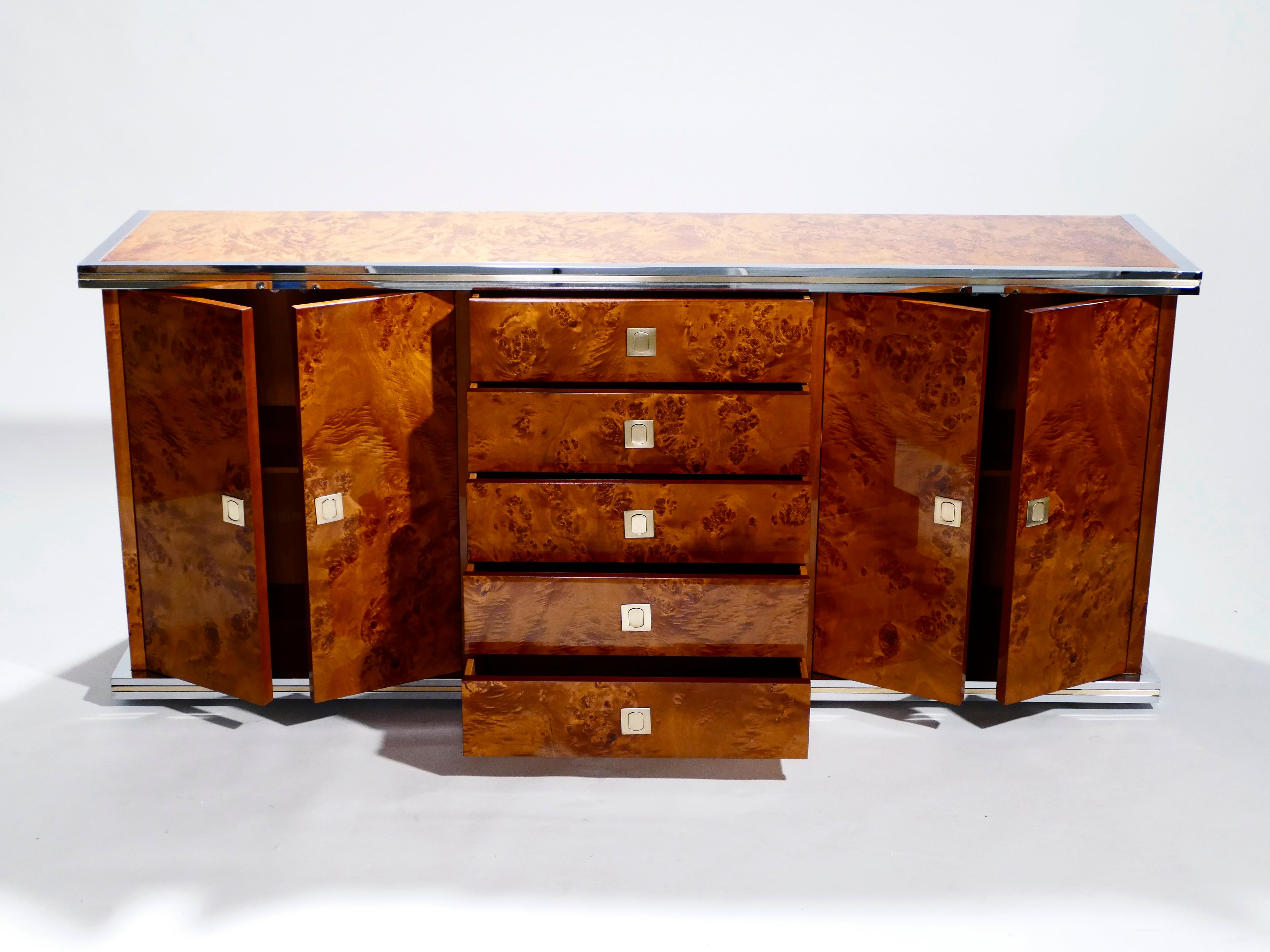 Willy Rizzo Burl Chrome and Brass Credenza, 1970s 2