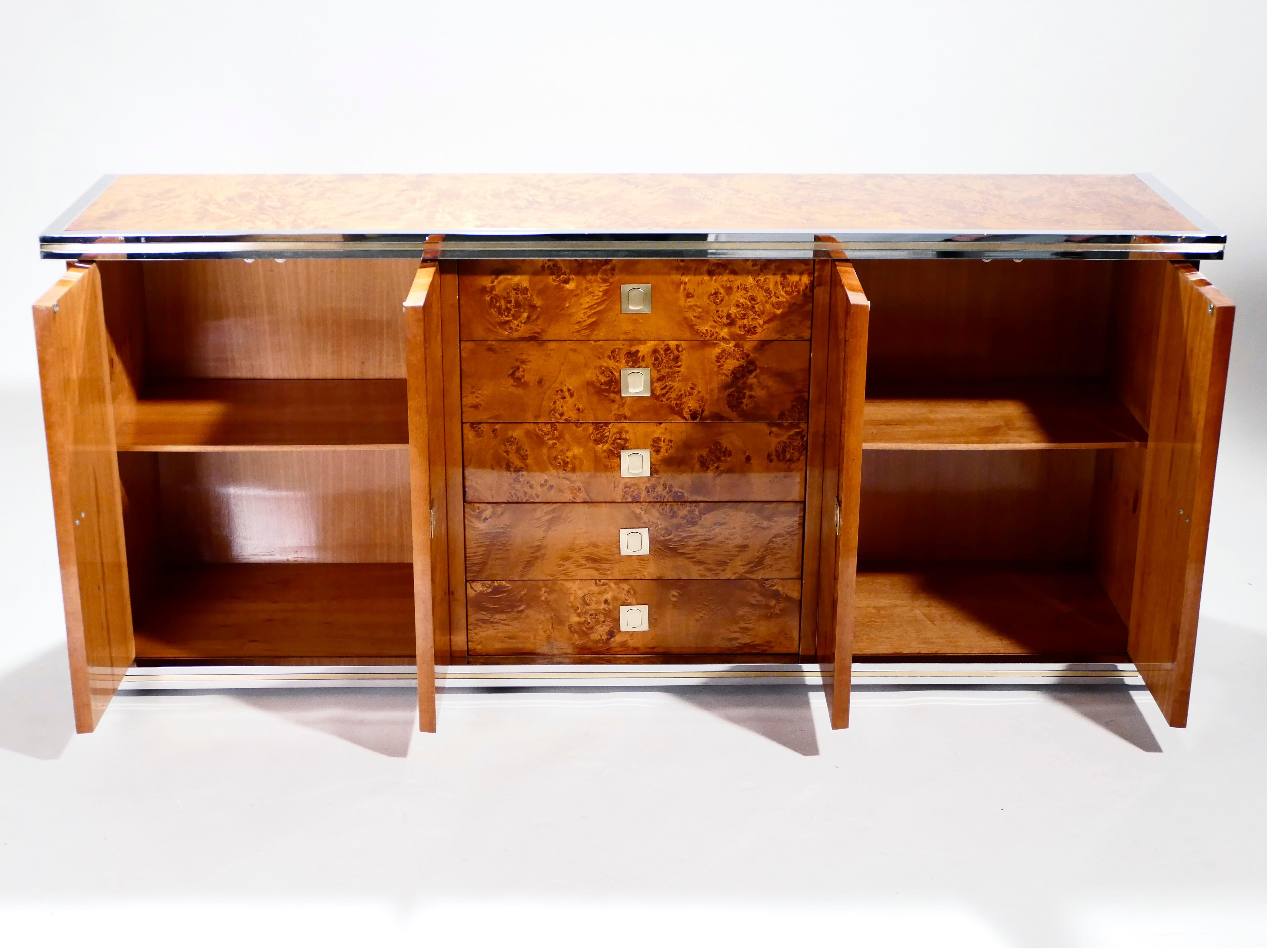 Willy Rizzo Burl Chrome and Brass Credenza, 1970s 3