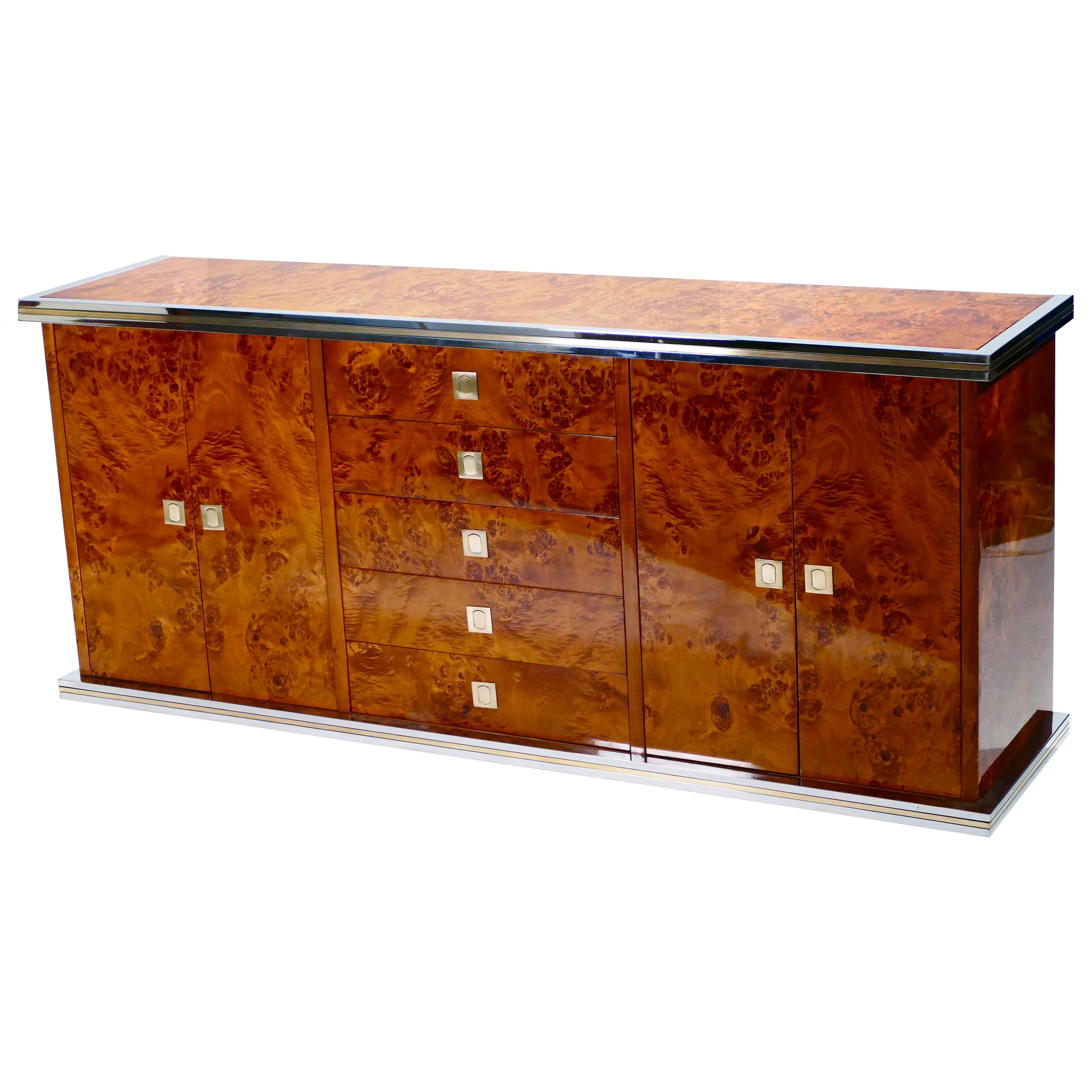 Willy Rizzo Burl Chrome and Brass Credenza, 1970s