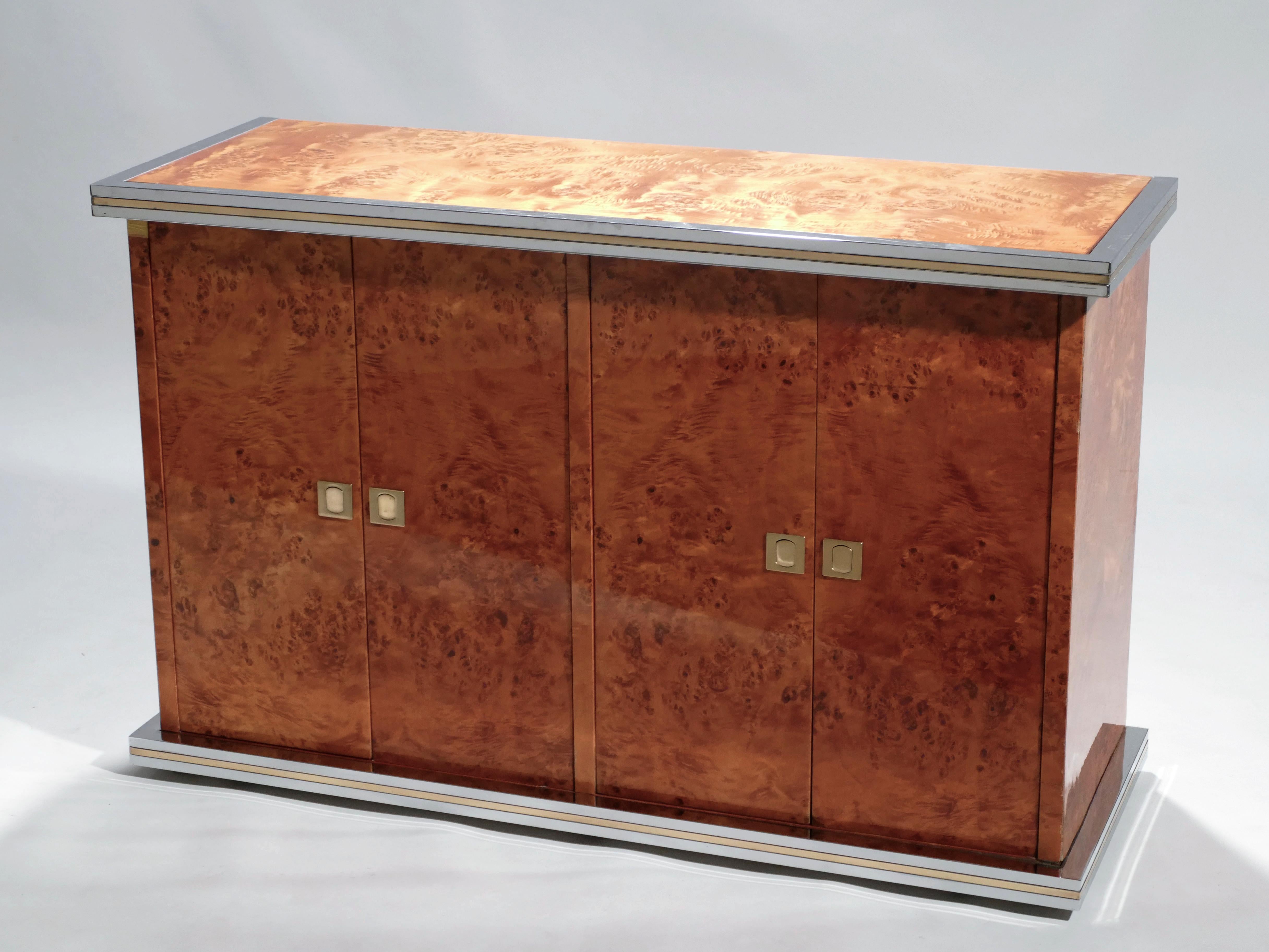 Mid-Century Modern Willy Rizzo Burl Chrome and Brass Small Credenza, 1970s