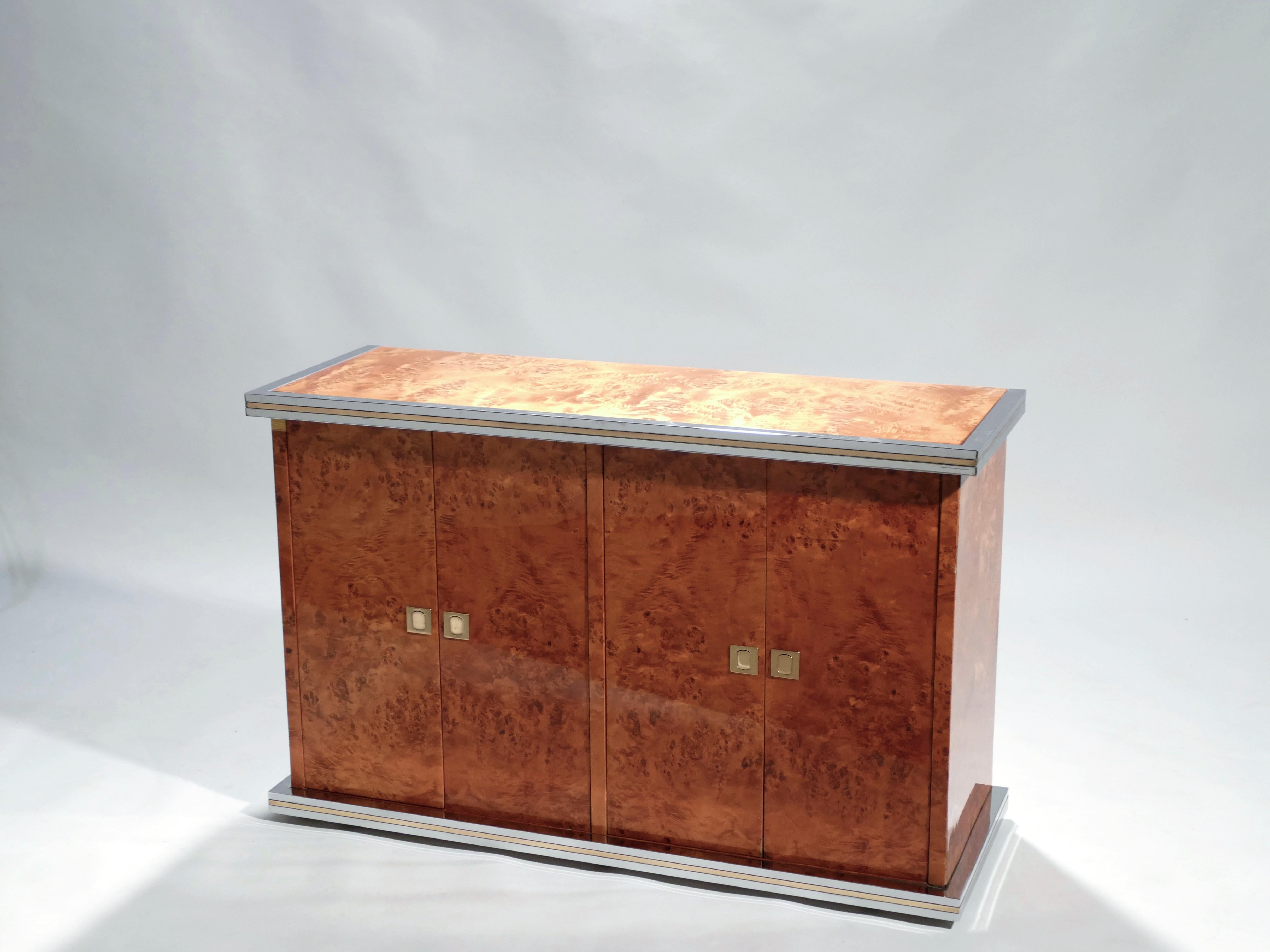 Italian Willy Rizzo Burl Chrome and Brass Small Credenza, 1970s