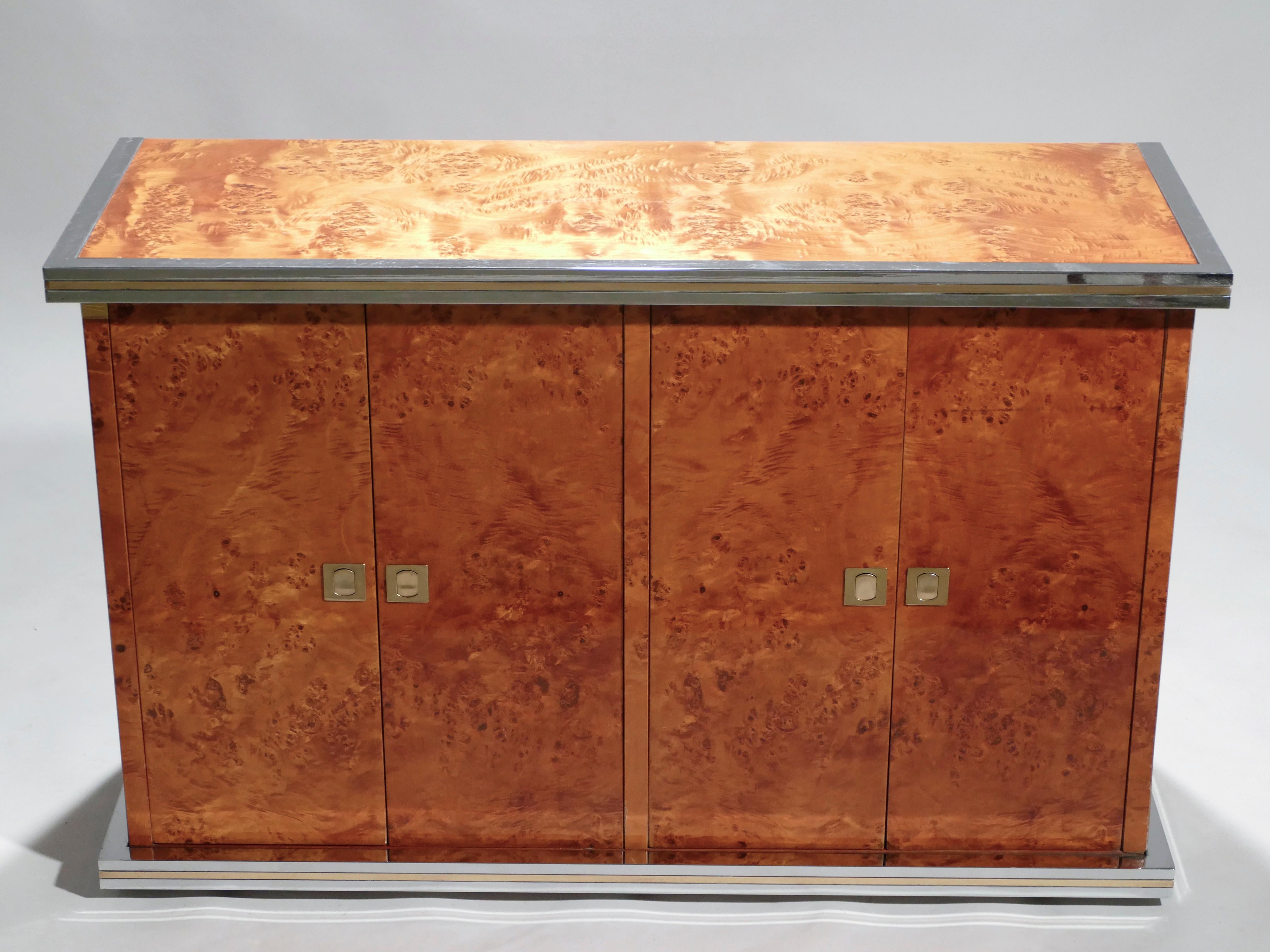 Willy Rizzo Burl Chrome and Brass Small Credenza, 1970s 1