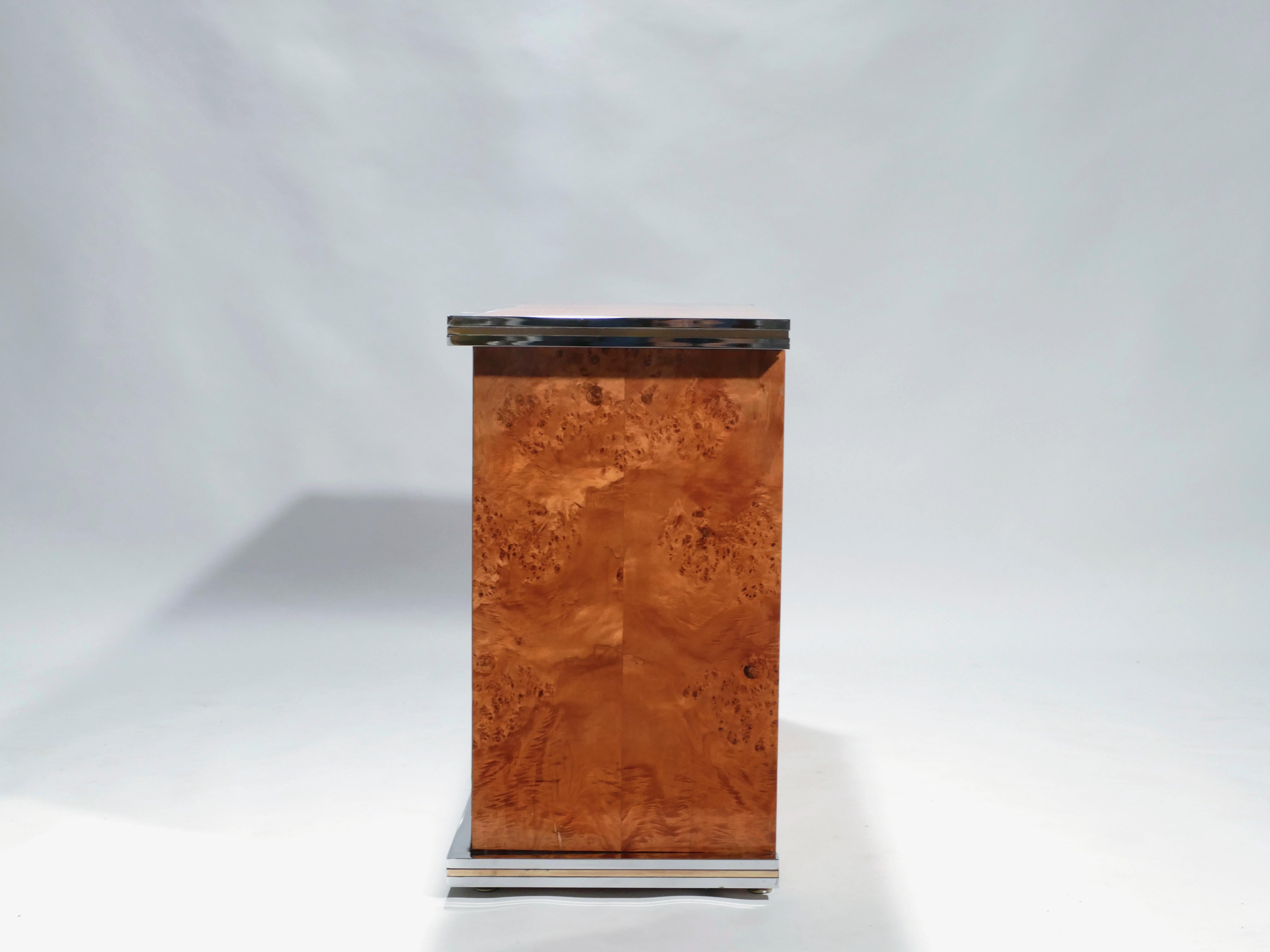 Willy Rizzo Burl Chrome and Brass Small Credenza, 1970s 2