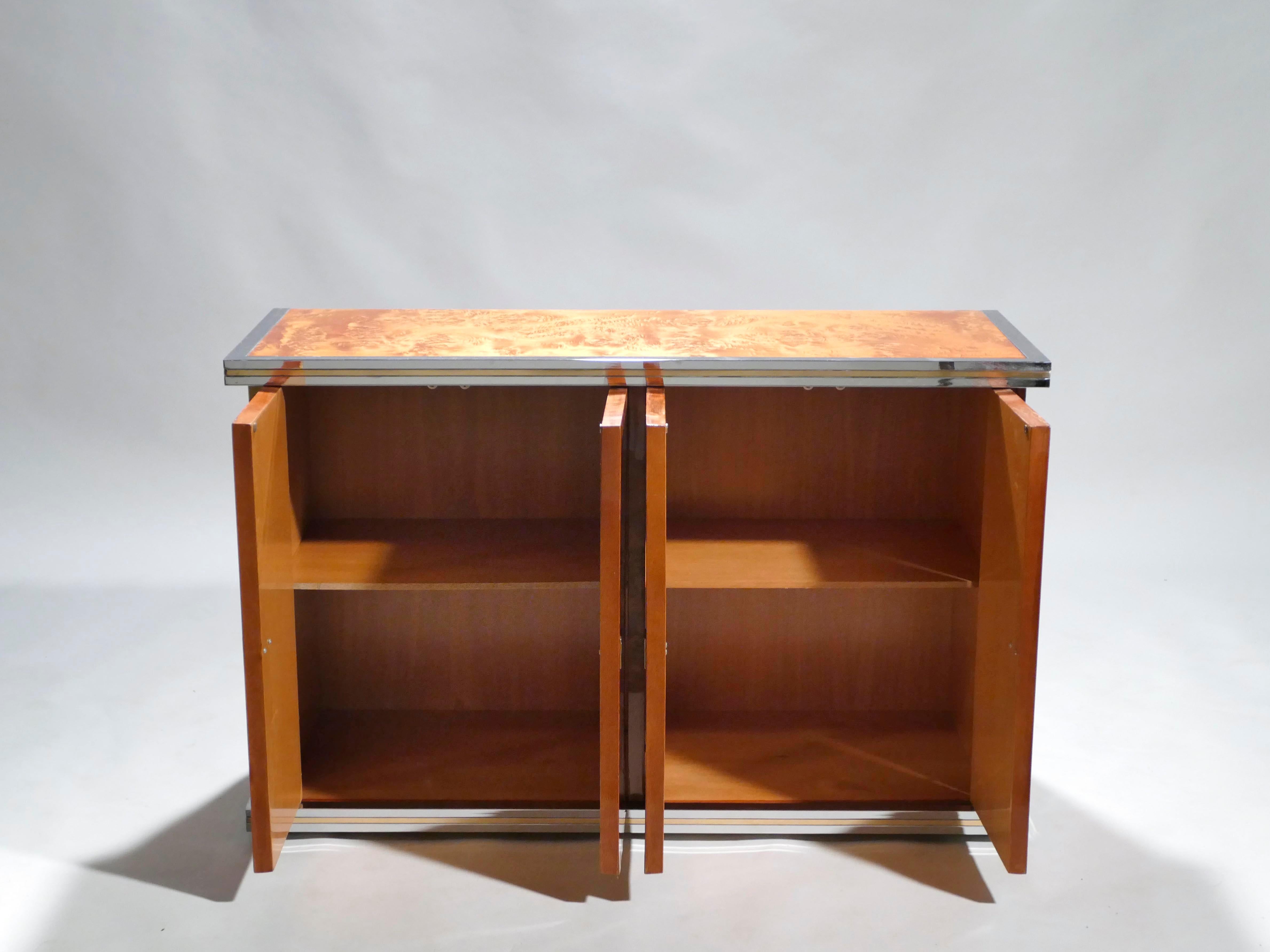 Willy Rizzo Burl Chrome and Brass Small Credenza, 1970s 3