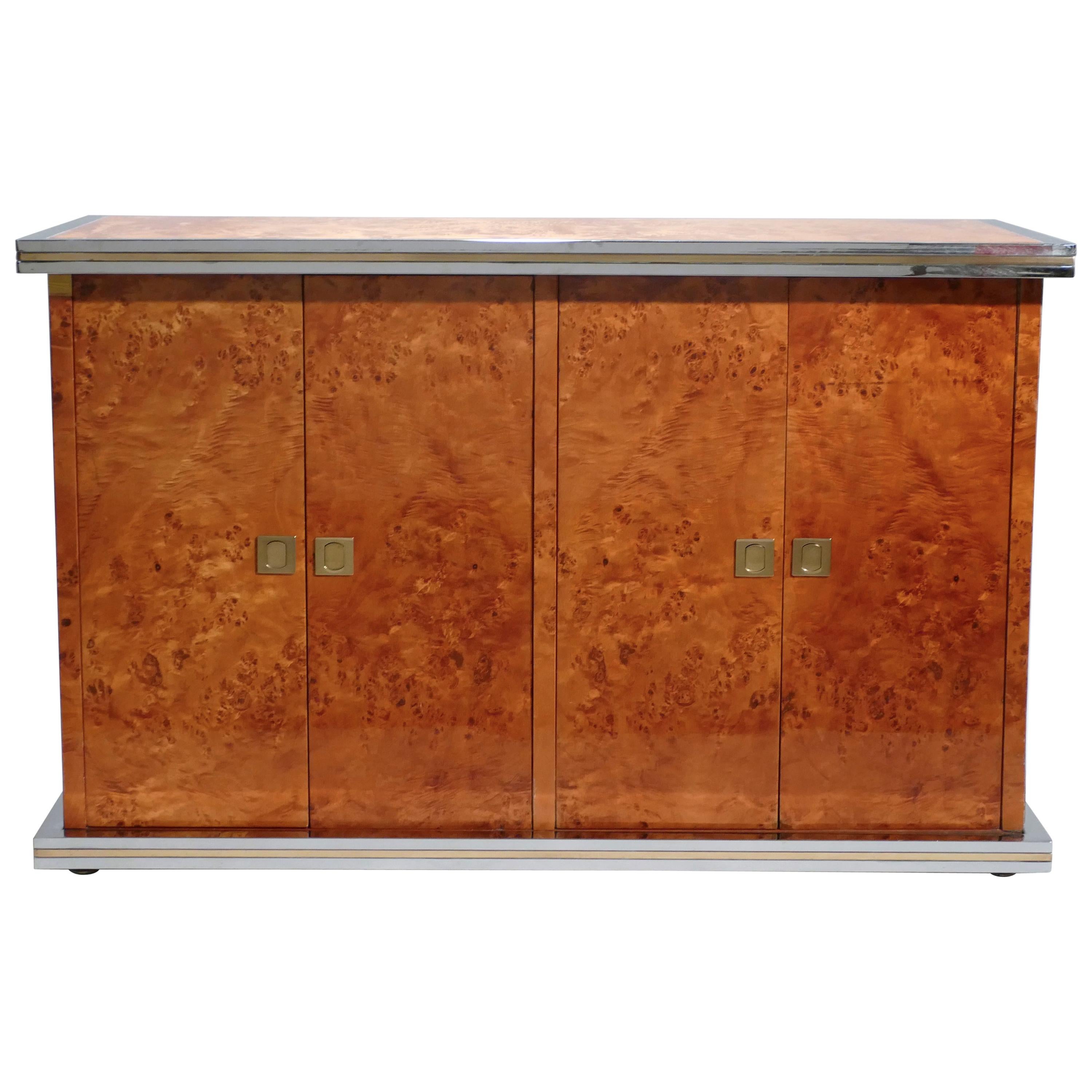 Willy Rizzo Burl Chrome and Brass Small Credenza, 1970s