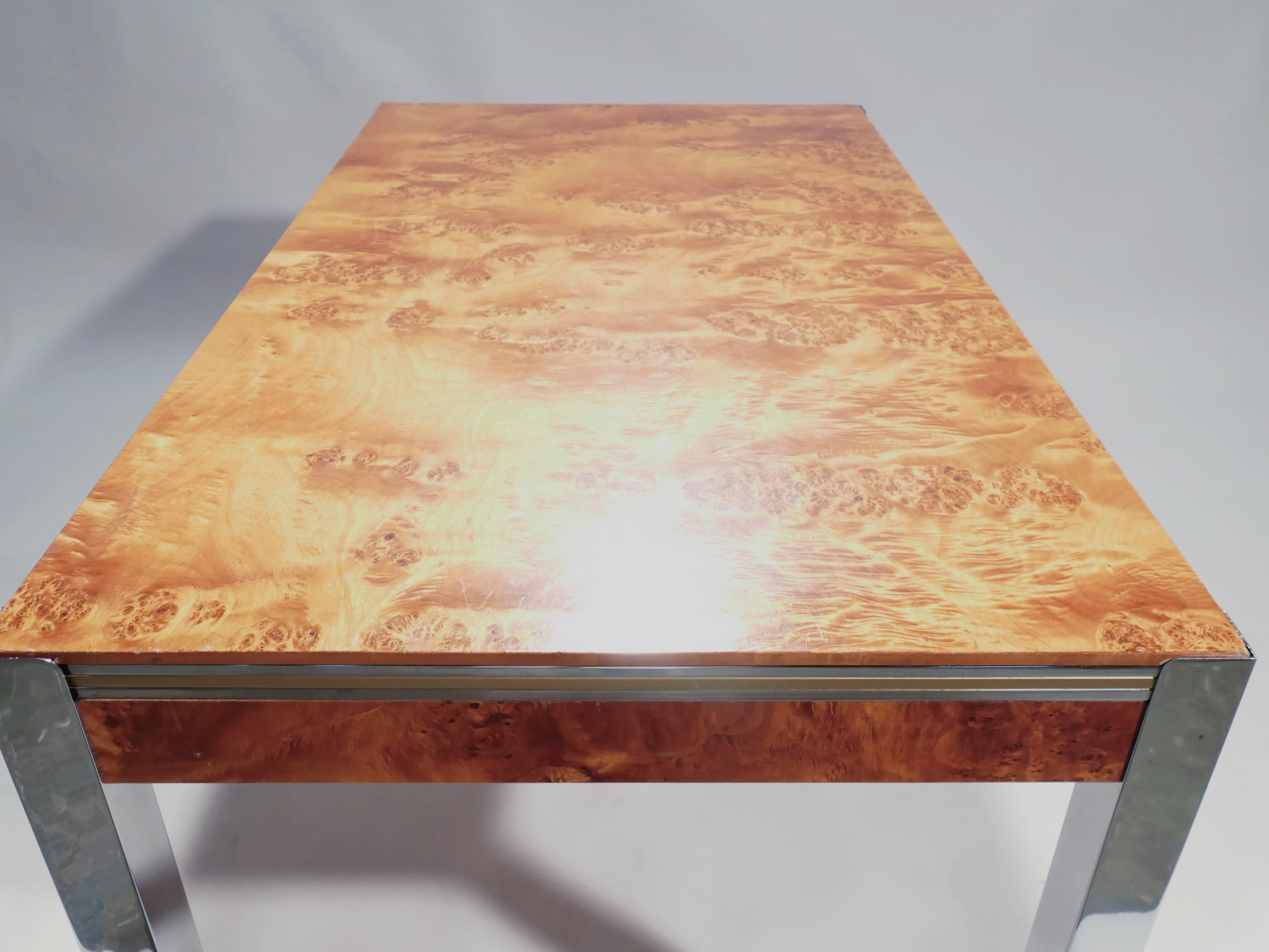 Willy Rizzo Burl Chrome Brass Dining Table, 1970s 4