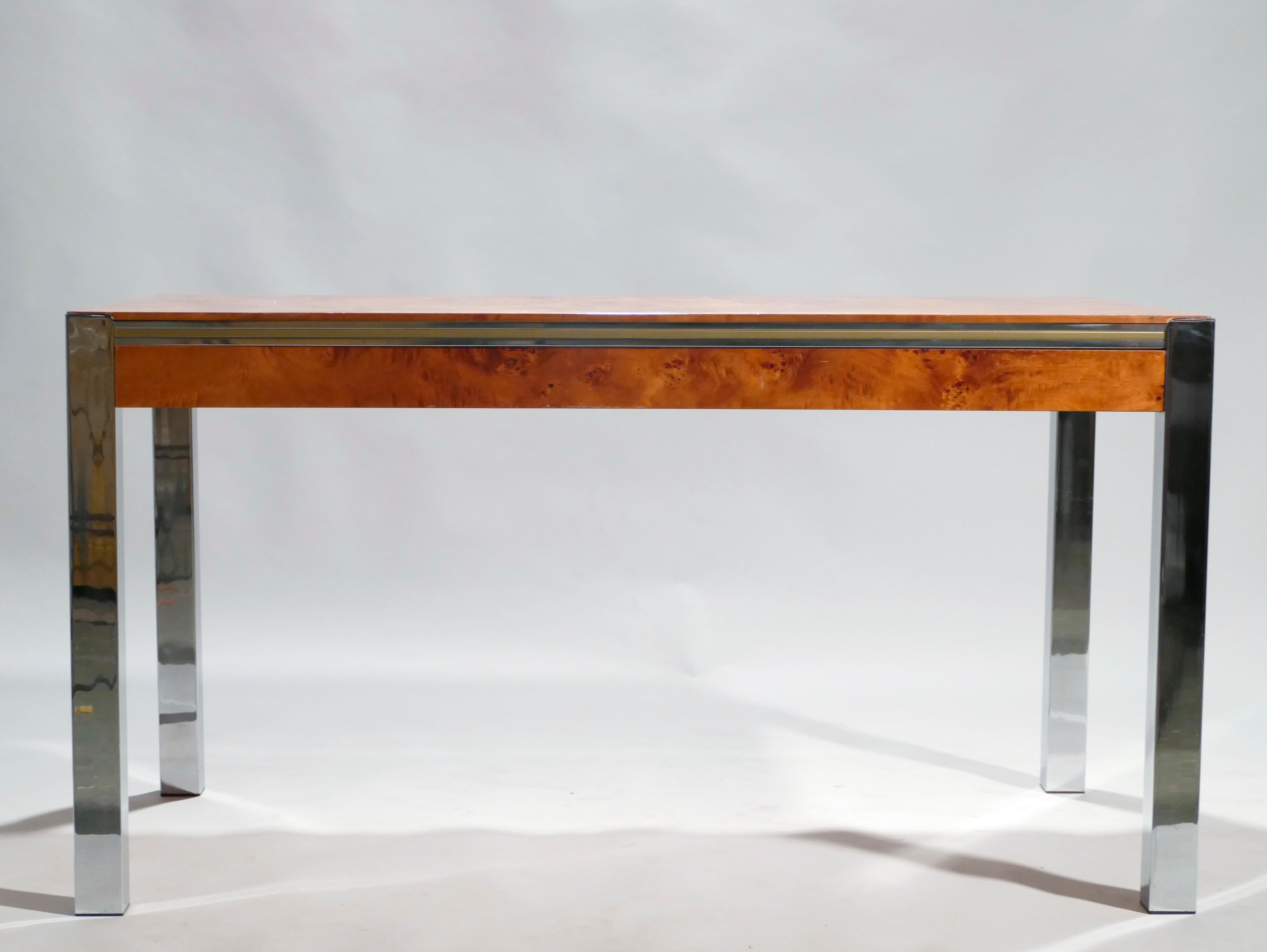 Mid-Century Modern Willy Rizzo Burl Chrome Brass Dining Table, 1970s