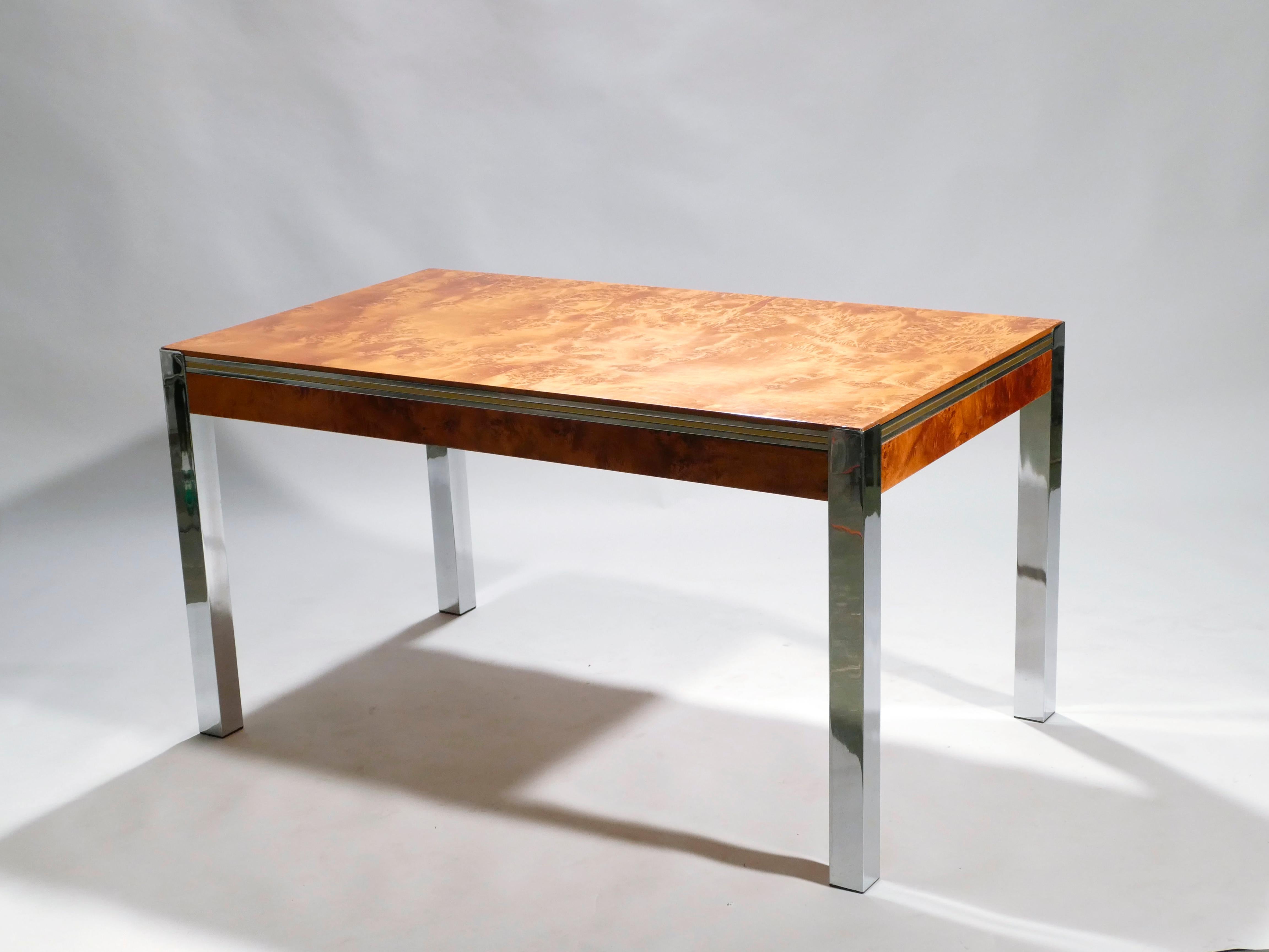 Italian Willy Rizzo Burl Chrome Brass Dining Table, 1970s