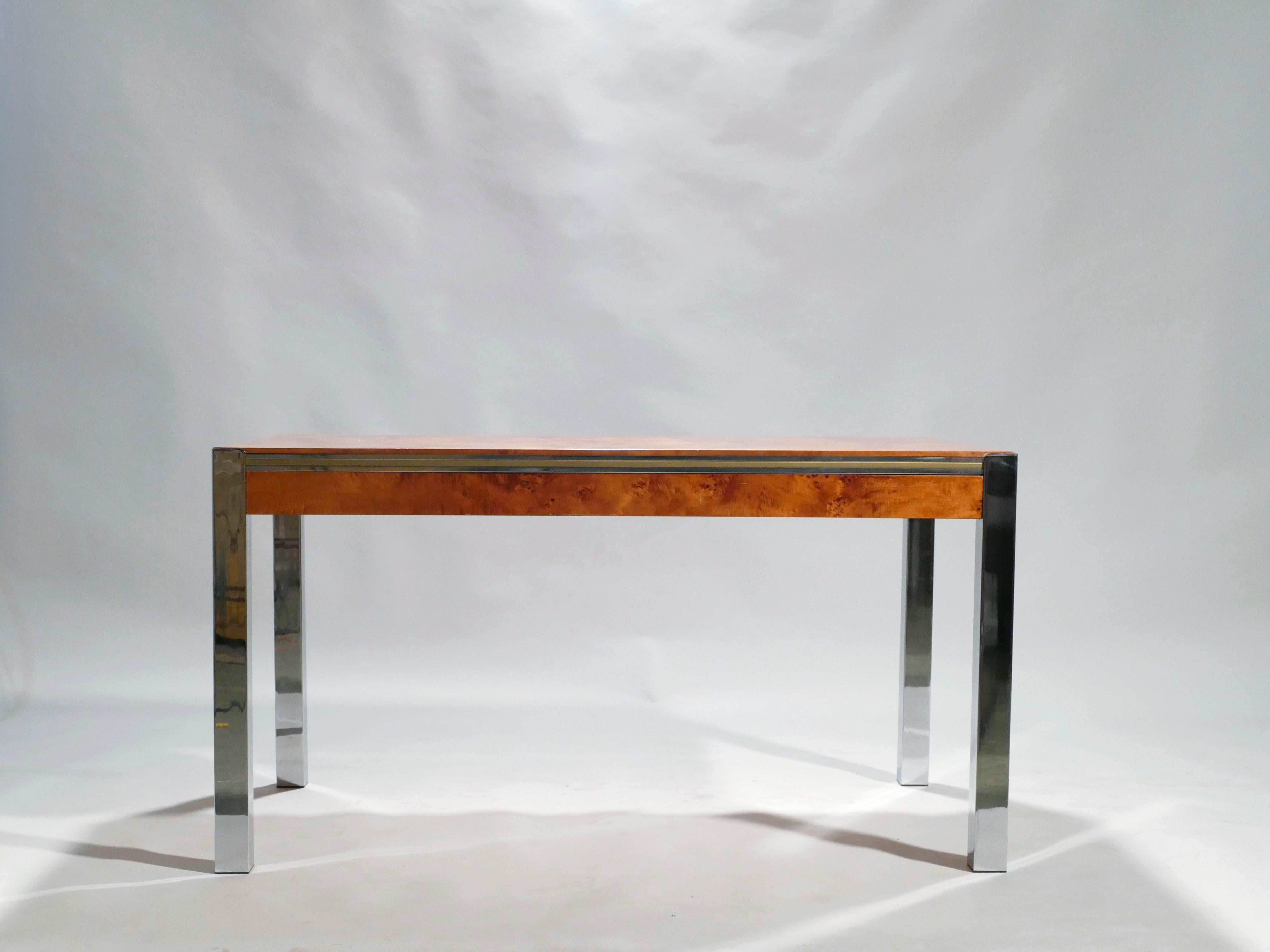 Willy Rizzo Burl Chrome Brass Dining Table, 1970s 1