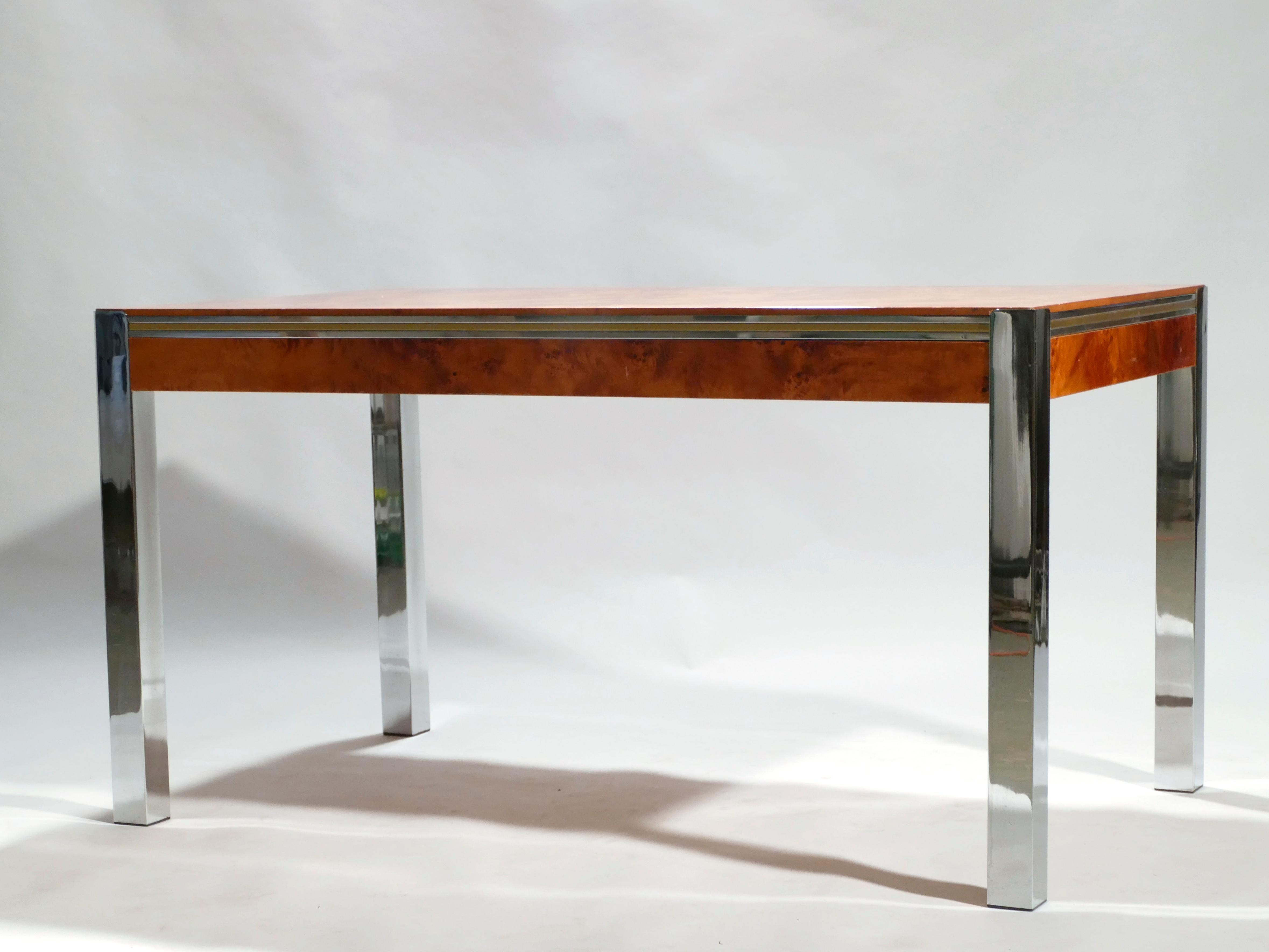 Willy Rizzo Burl Chrome Brass Dining Table, 1970s 2