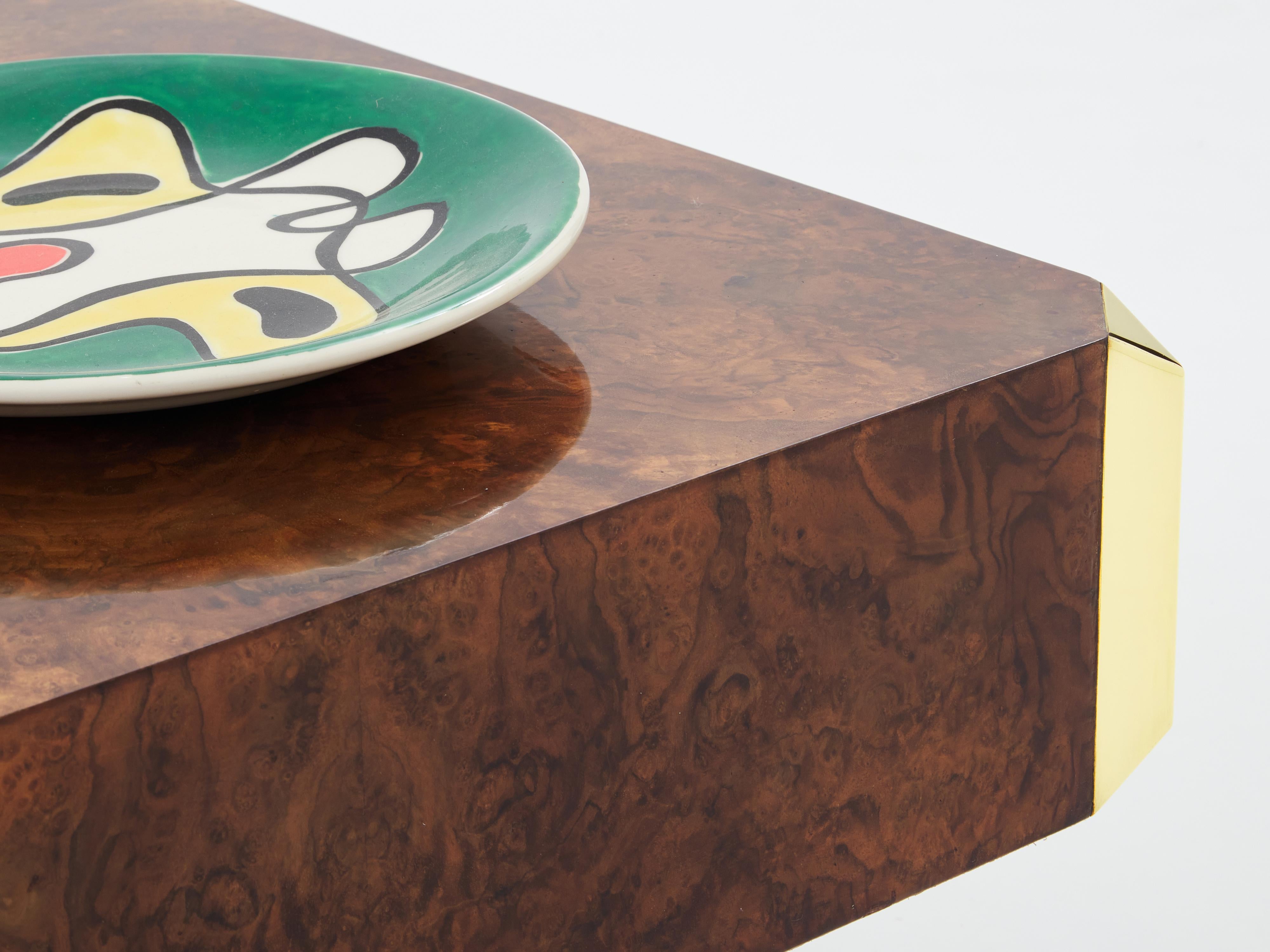 Table basse de bar carrée en bois de ronce et laiton Willy Rizzo Alveo 1970 en vente 3