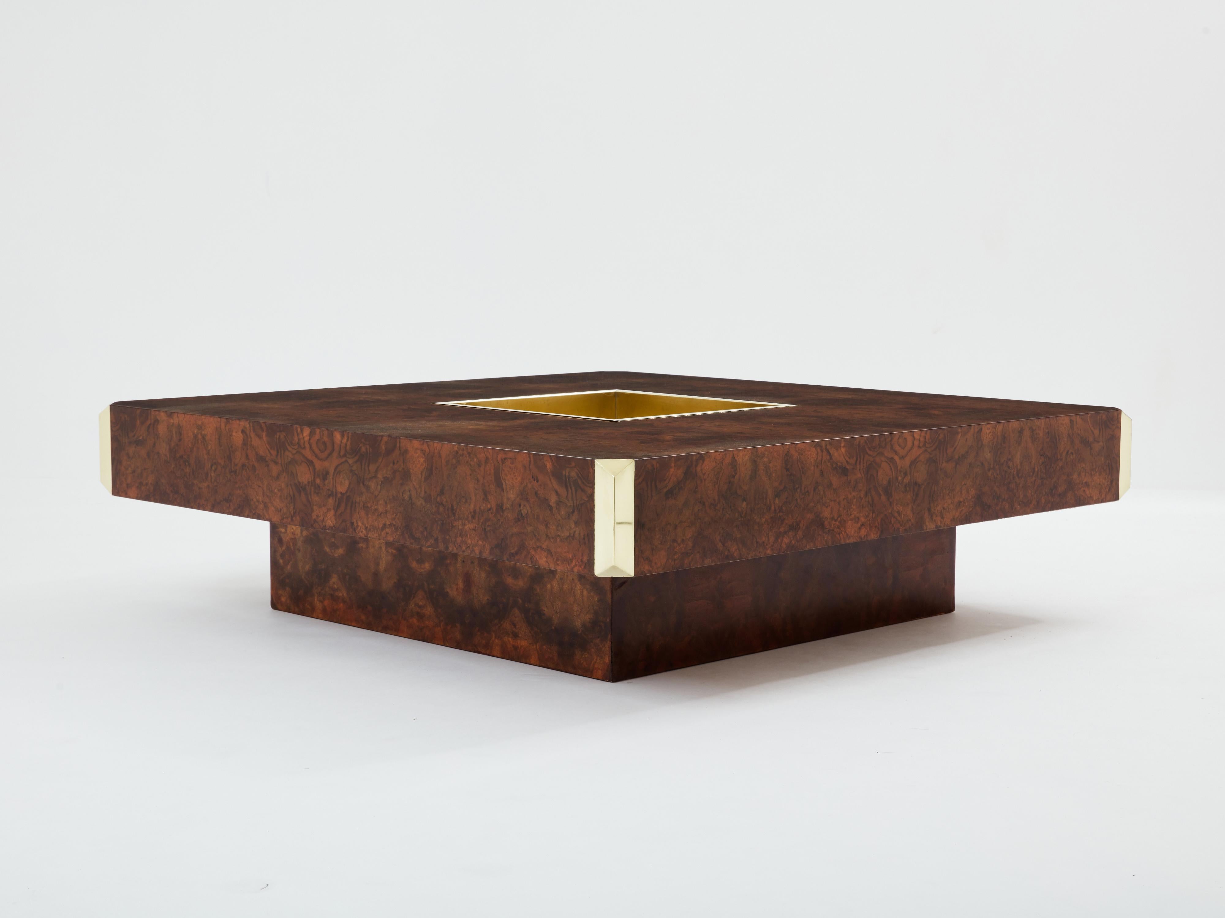 Mid-Century Modern Willy Rizzo burl wood and brass square bar coffee table Alveo 1970s For Sale