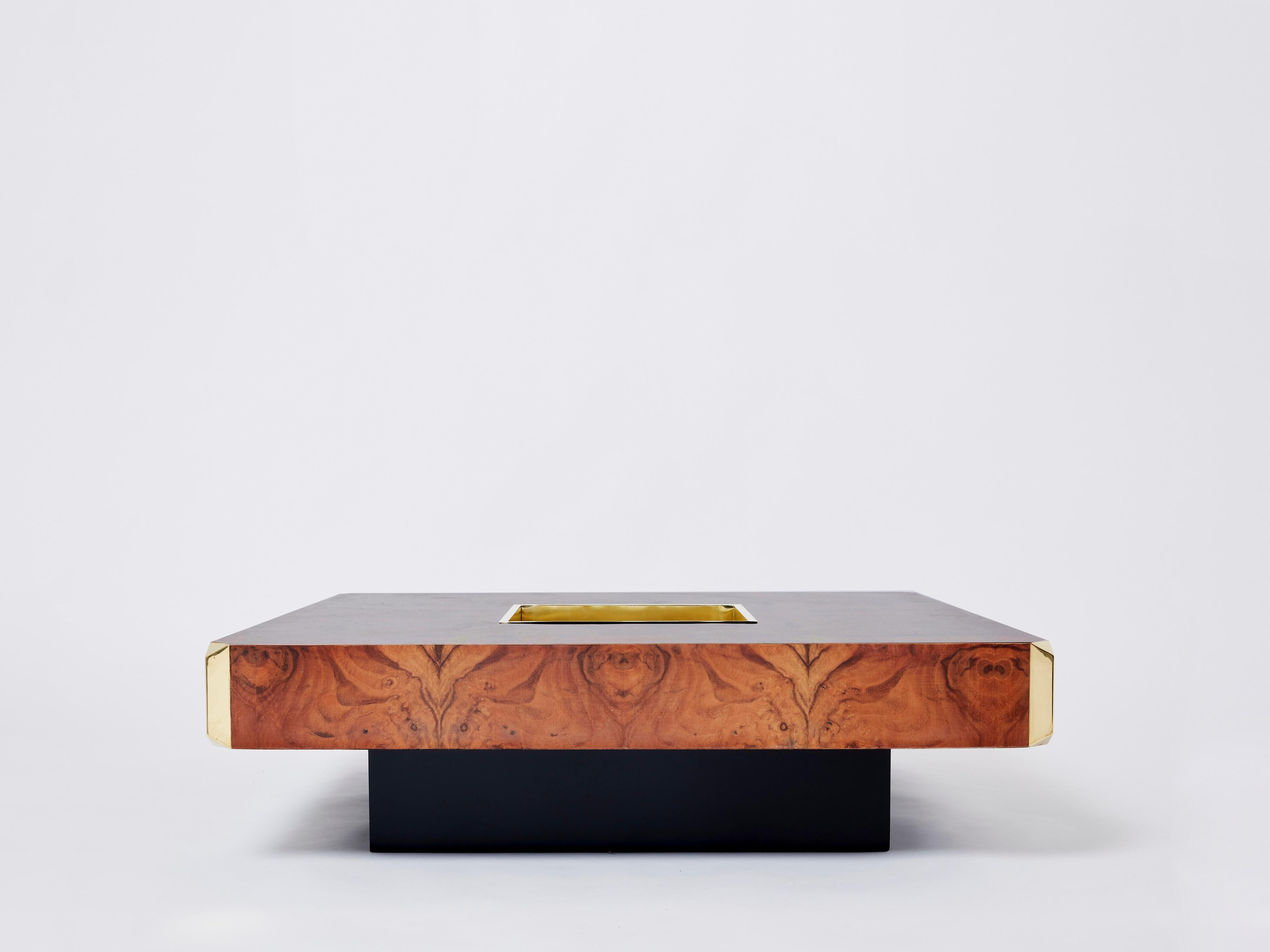 Willy Rizzo Burl Wood and Brass Square Bar Coffee Table Alveo 1970s 1