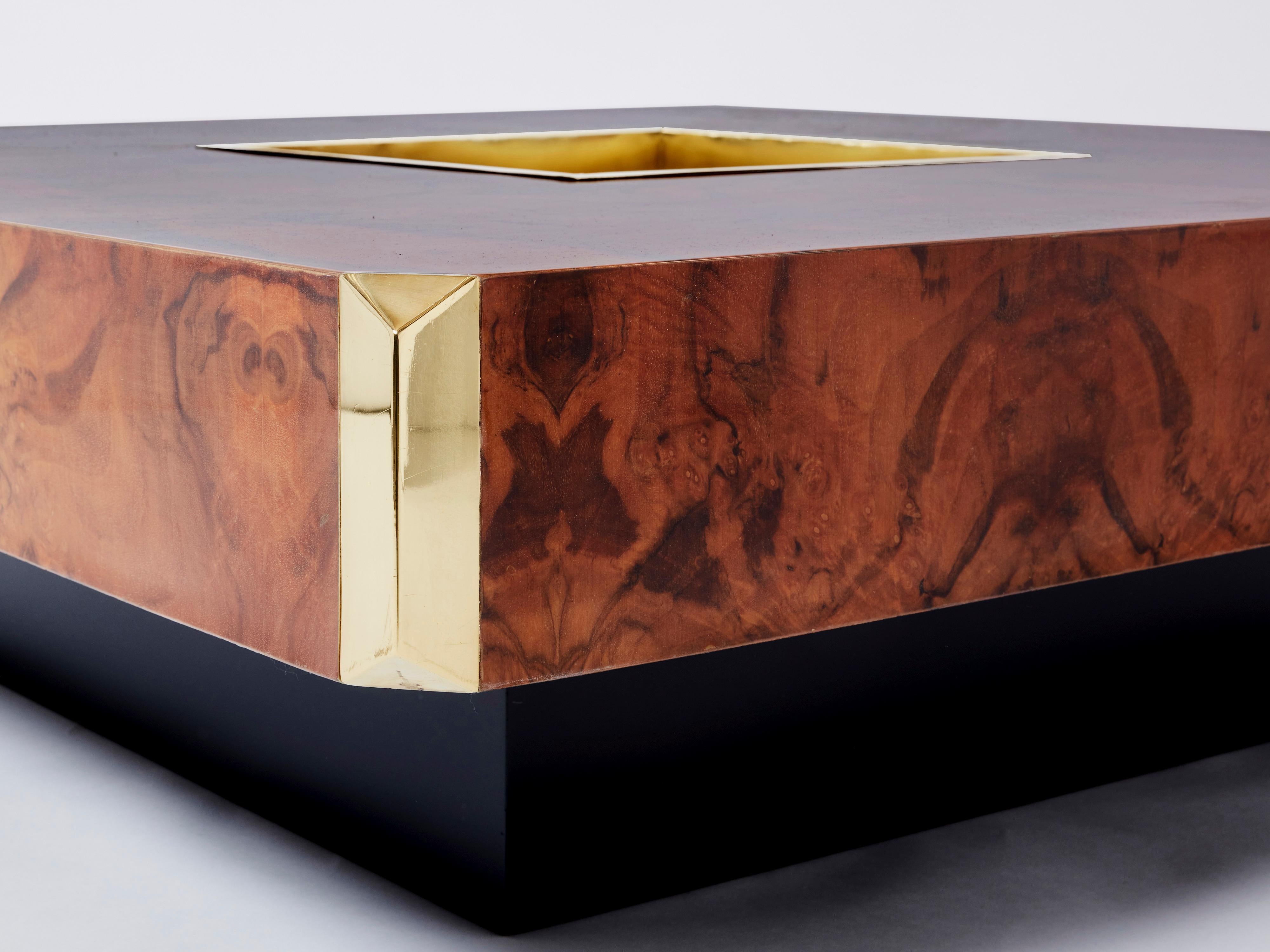 Willy Rizzo Burl Wood and Brass Square Bar Coffee Table Alveo 1970s 2