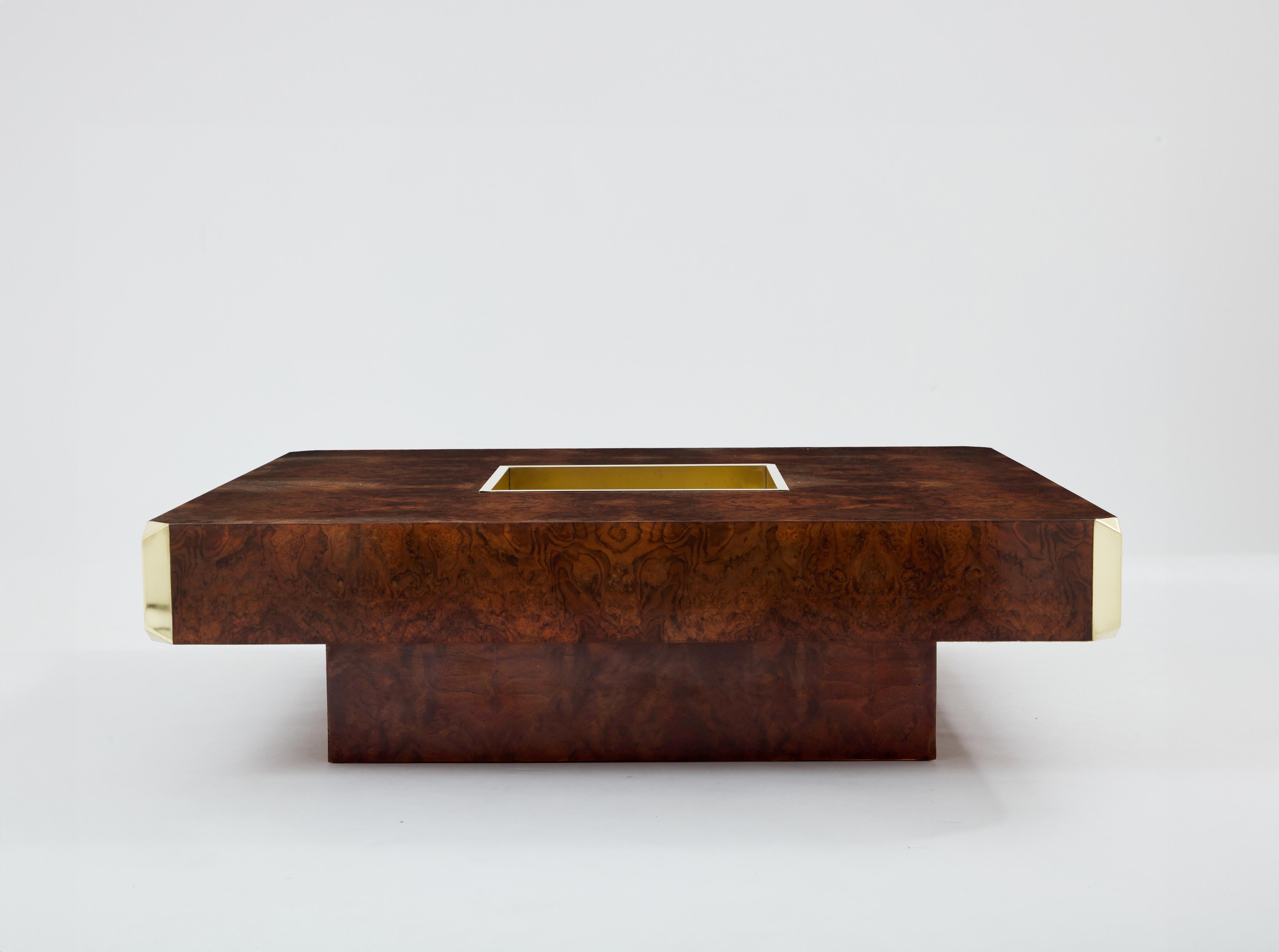 Table basse de bar carrée en bois de ronce et laiton Willy Rizzo Alveo 1970 en vente 2