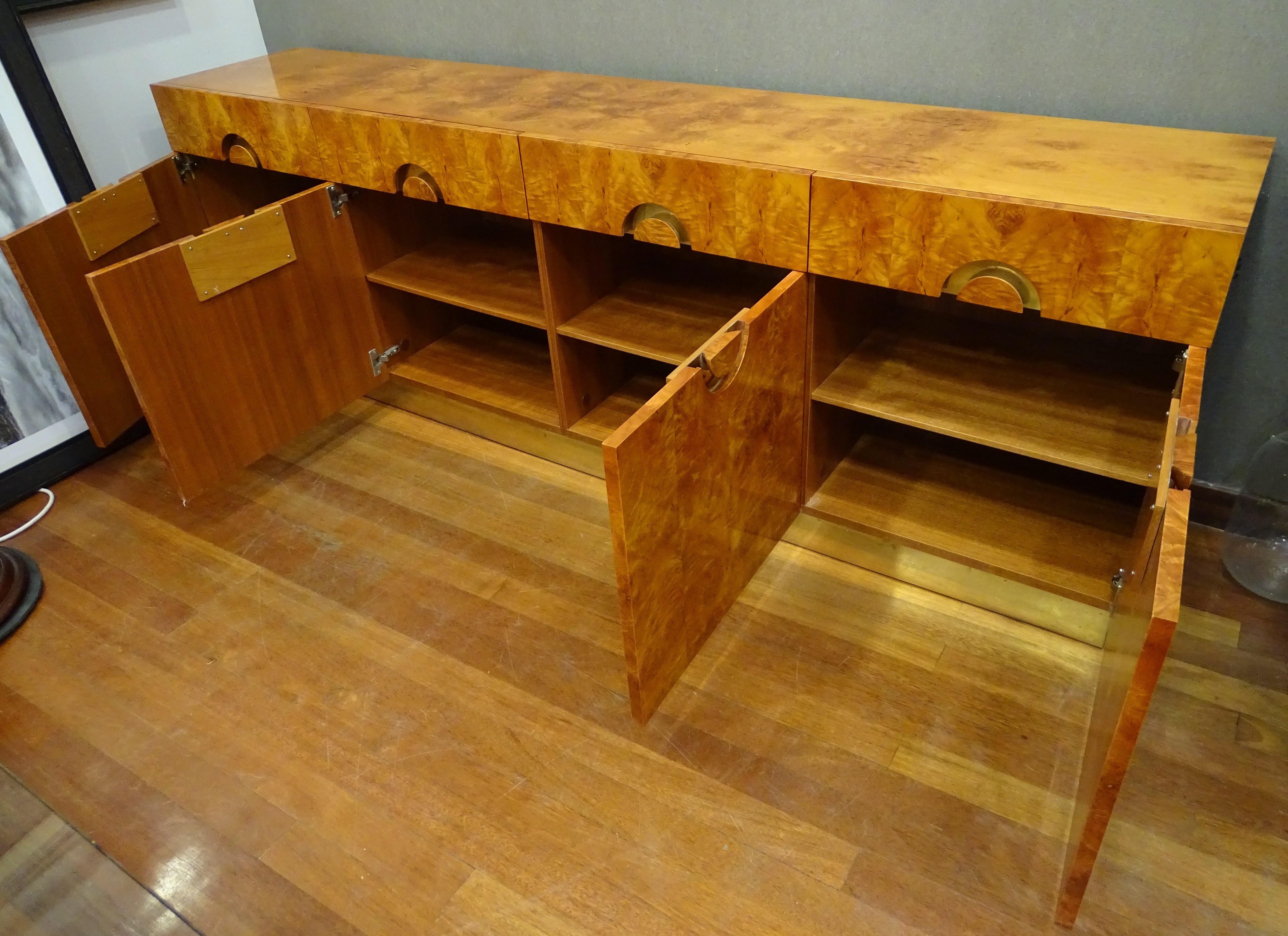 70s Willy Rizzo Burlwood and Brass Sideboard, commode , Golden  Brass. 5