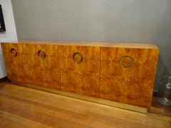 70s Willy Rizzo Burlwood and Brass Sideboard, commode , Golden  Brass.