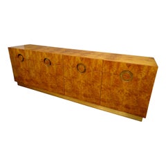 70s Willy Rizzo Burlwood and Brass Sideboard, commode , Golden Brass.