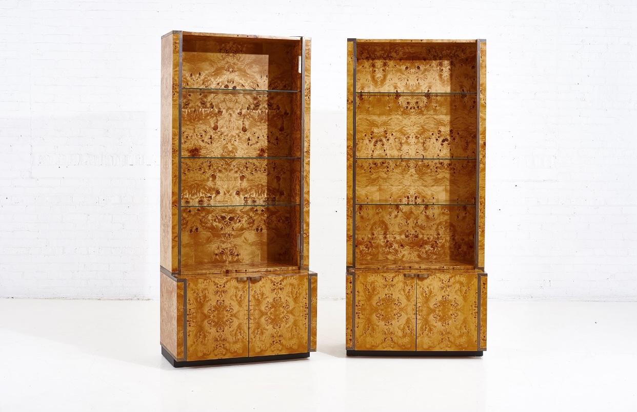 Willy Rizzo burl wood bookcases, Wall unit, France, 1970.