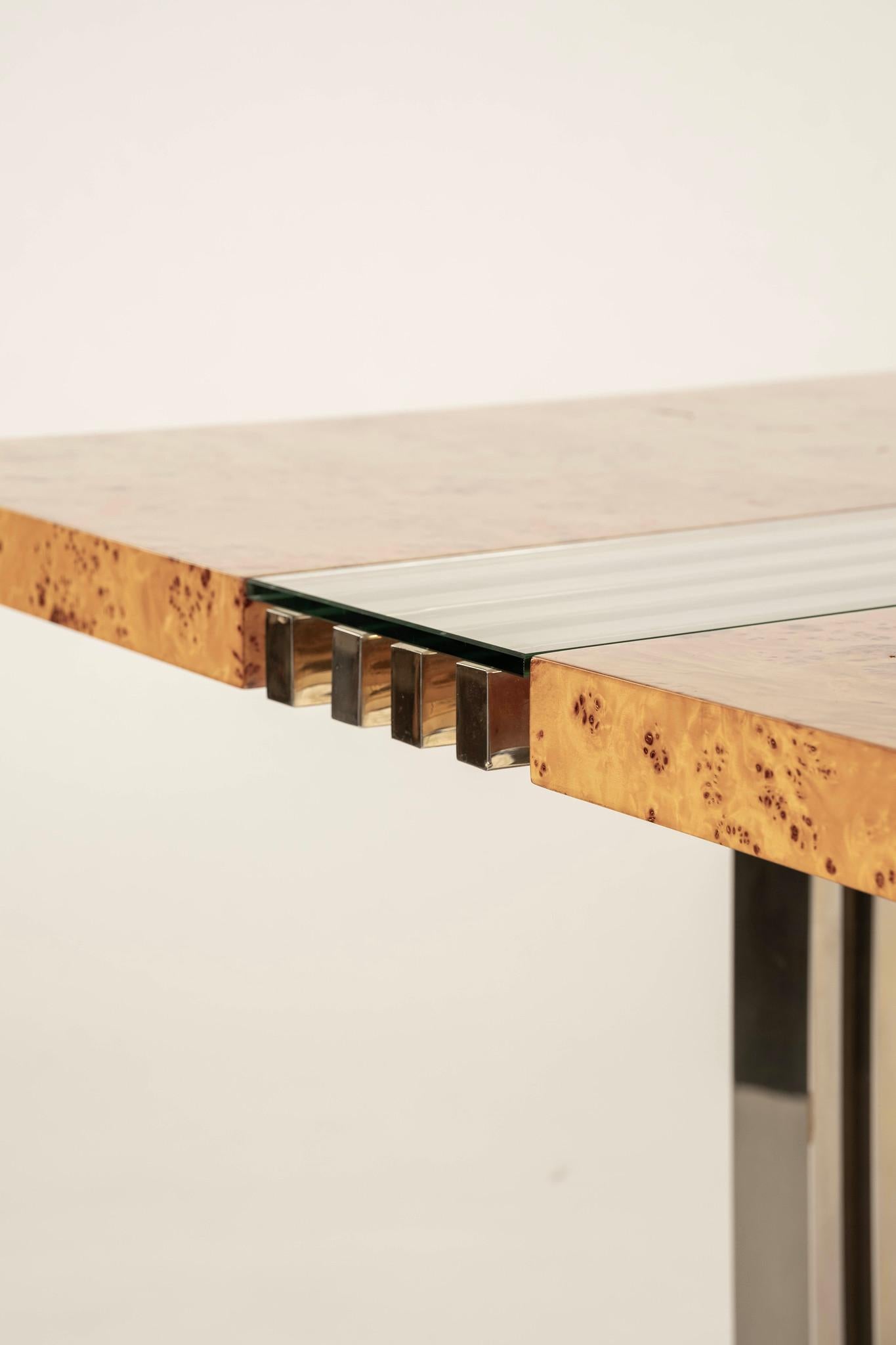 Willy Rizzo Burlwood Esstisch aus Chromglas (Glas) im Angebot