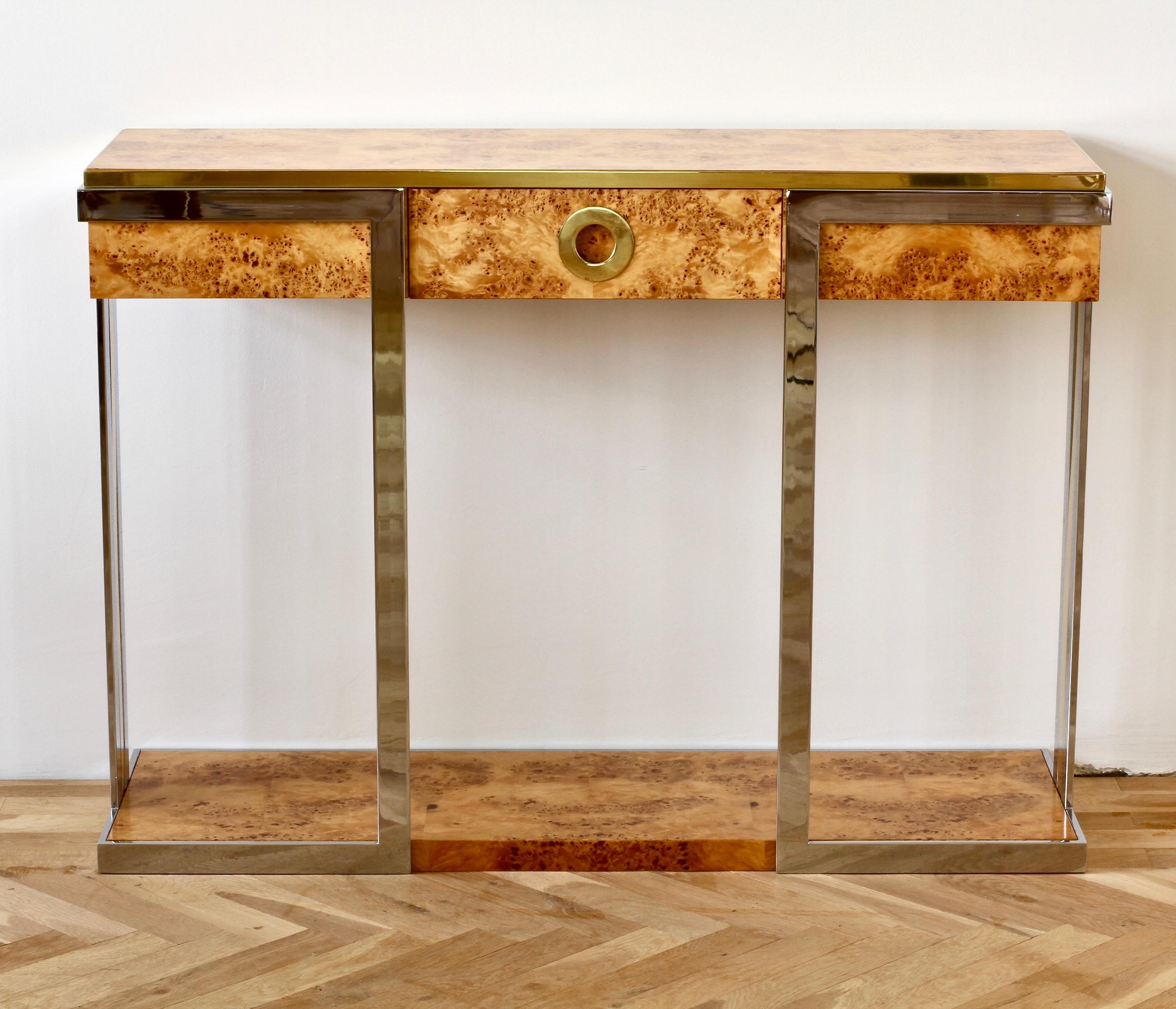 Mid-Century Modern Willy Rizzo Burlwood Veneer Brass & Chrome Large Oversized Console Table