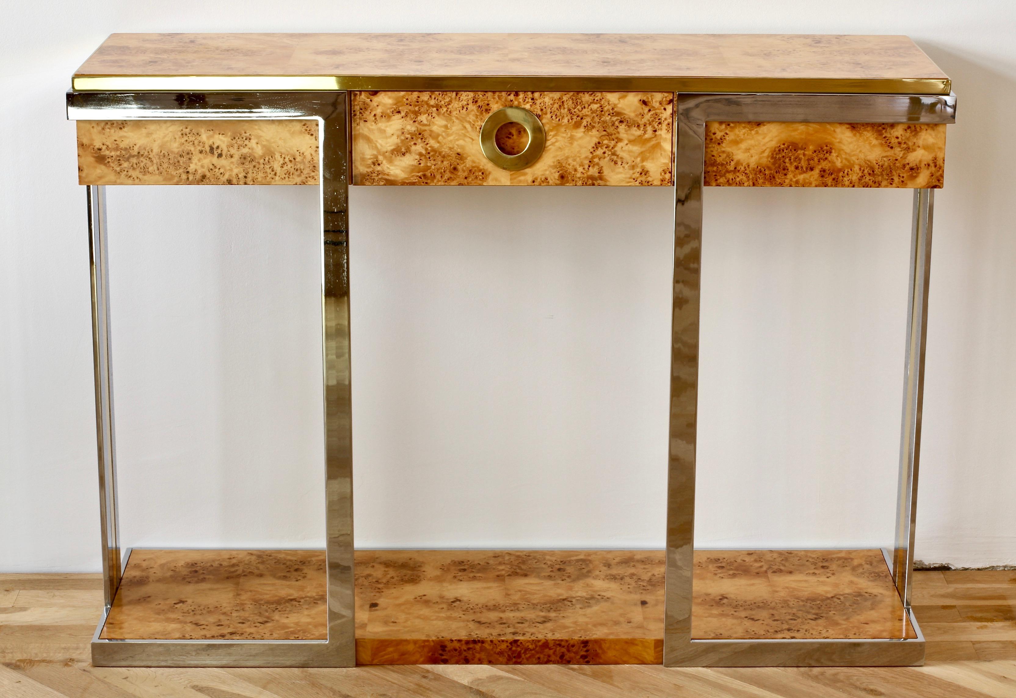 Italian Willy Rizzo Burlwood Veneer Brass & Chrome Large Oversized Console Table