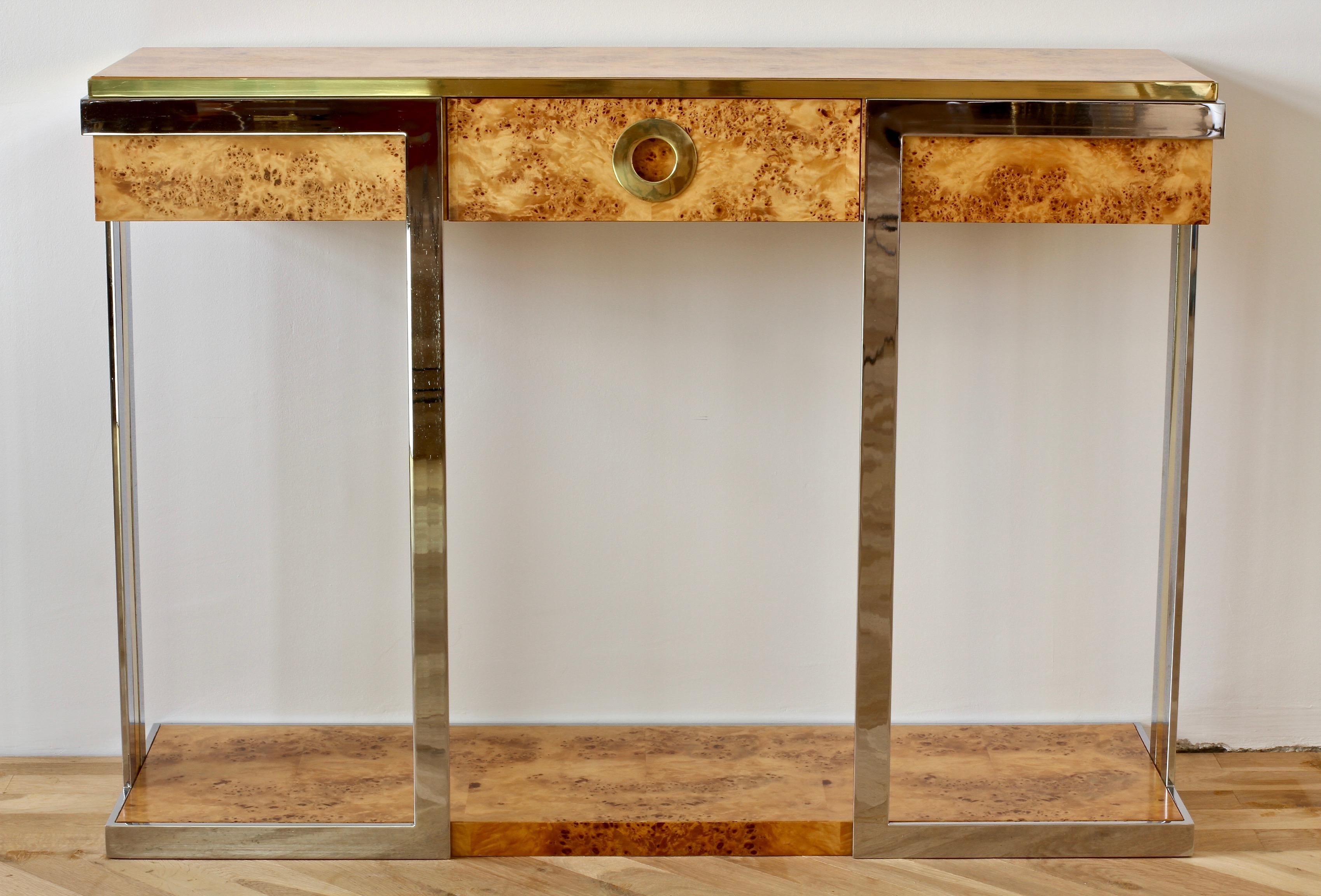 Willy Rizzo Burlwood Veneer Brass & Chrome Large Oversized Console Table In Good Condition In Landau an der Isar, Bayern