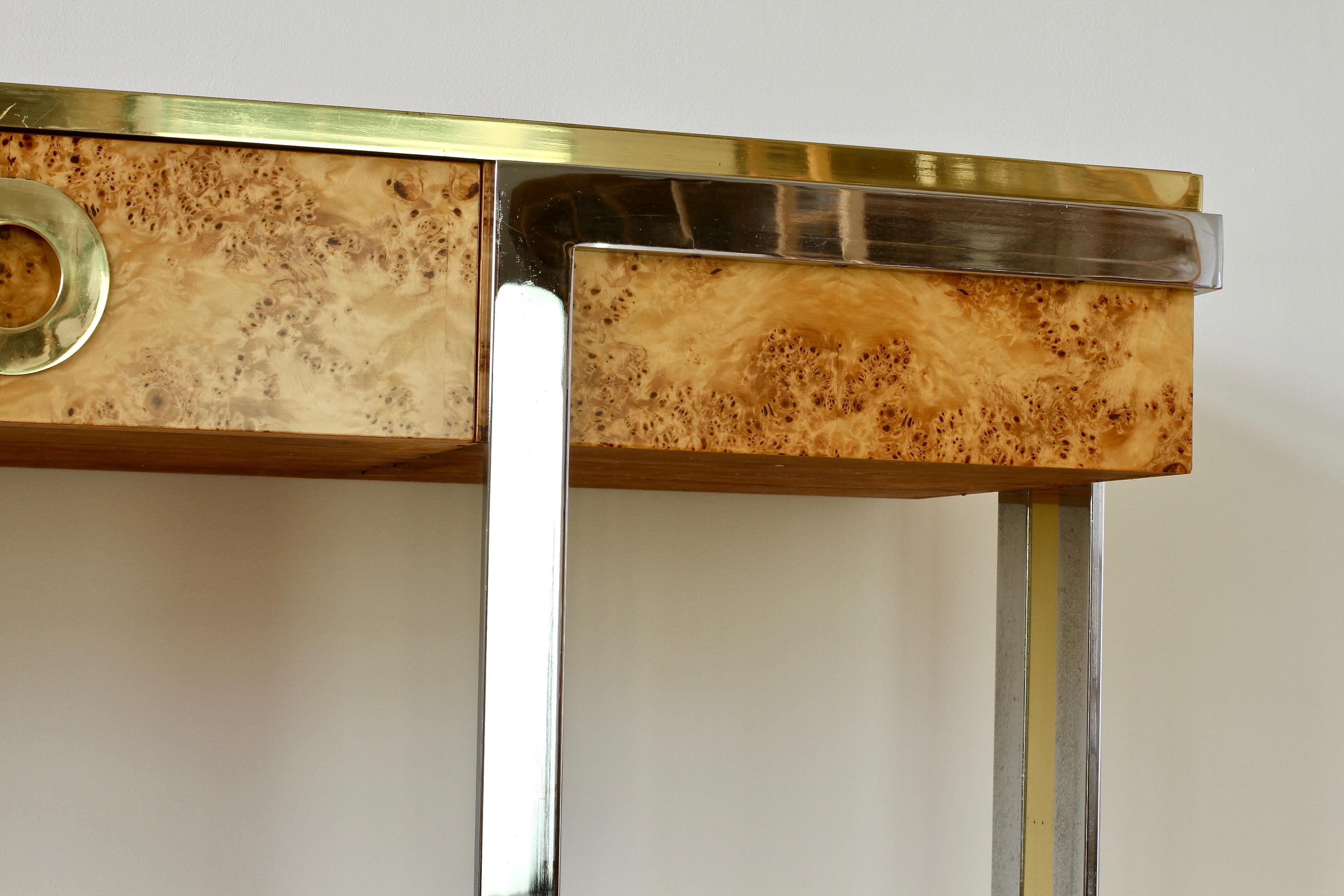Willy Rizzo Burlwood Veneer Brass & Chrome Large Oversized Console Table 1