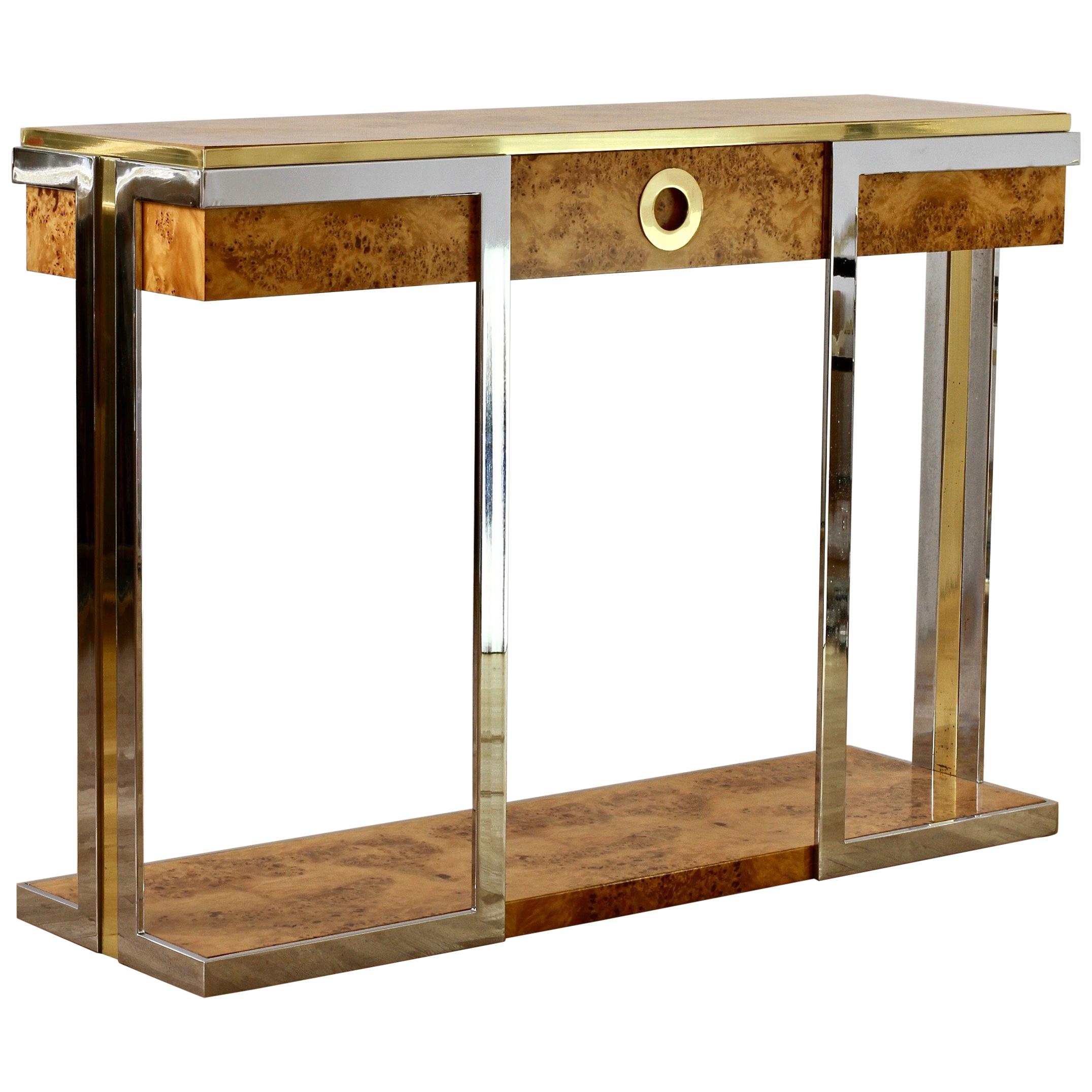 Willy Rizzo Burlwood Veneer Brass & Chrome Large Oversized Console Table
