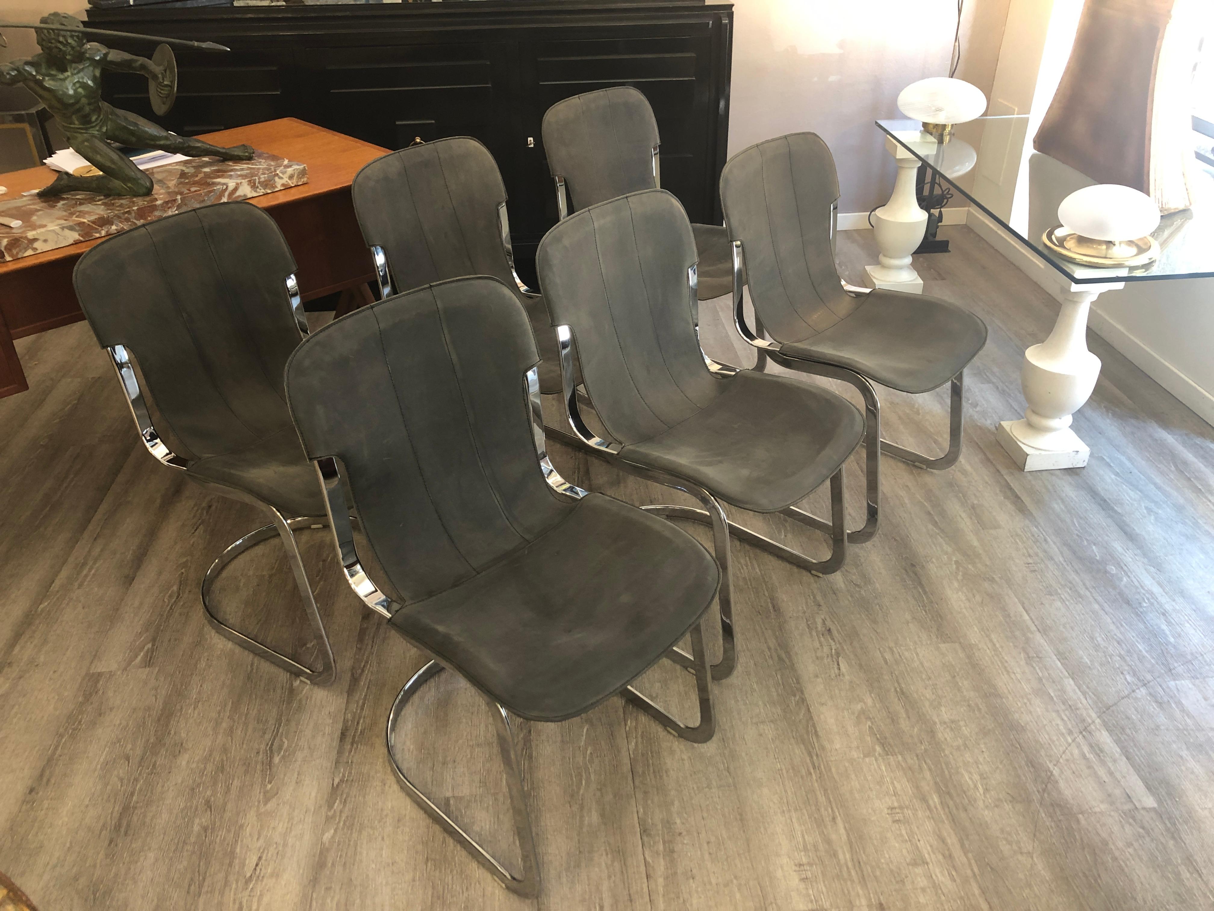 Willy Rizzo C2 70s Production Chromed Steel Frame Gray Vintage Leather Set of 4 For Sale 6