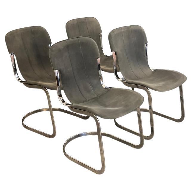 Willy Rizzo C2 70s Production Chromed Steel Frame Gray Vintage Leather Set of 4 For Sale