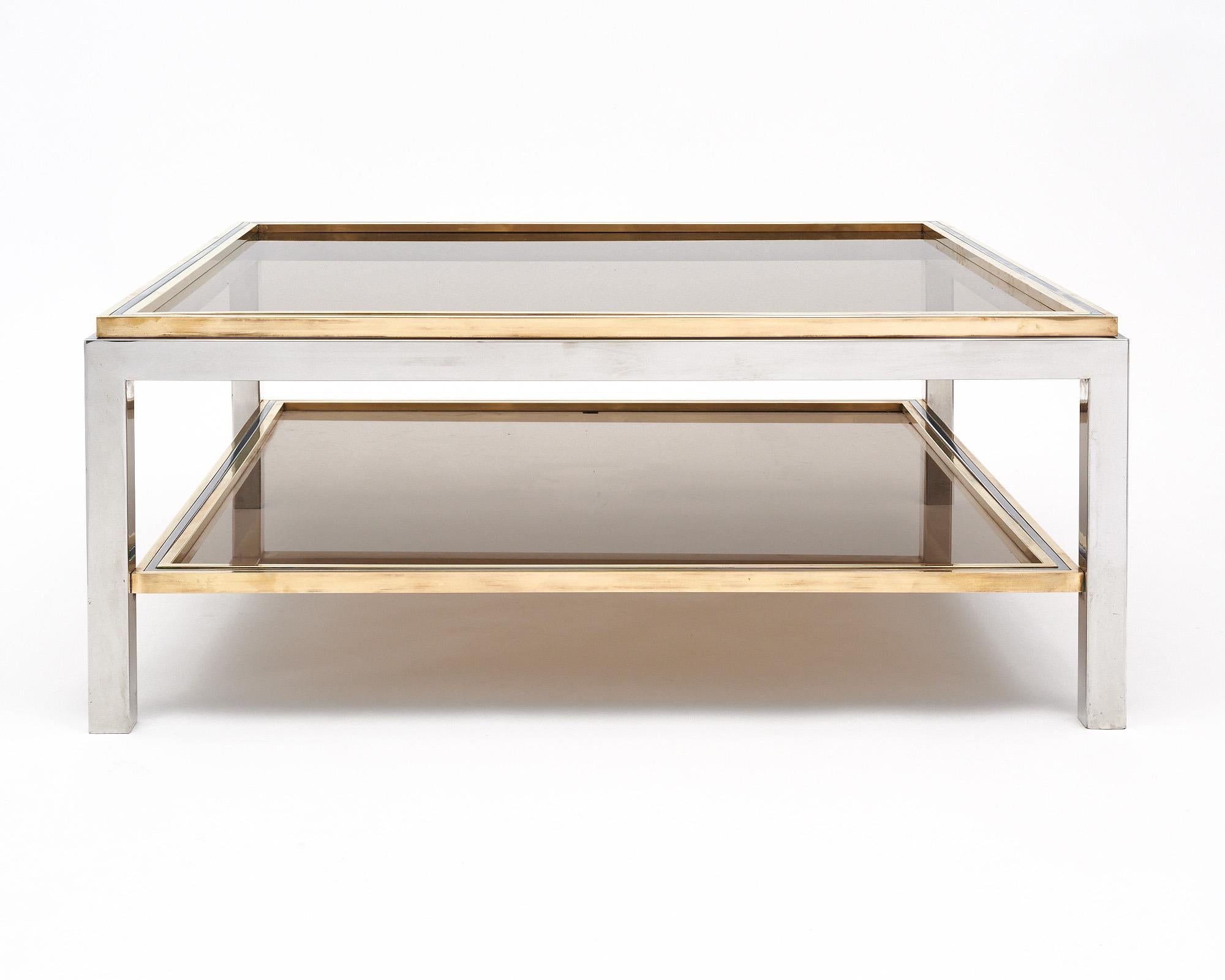 Italian Willy Rizzo Chrome and Brass Coffee Table For Sale