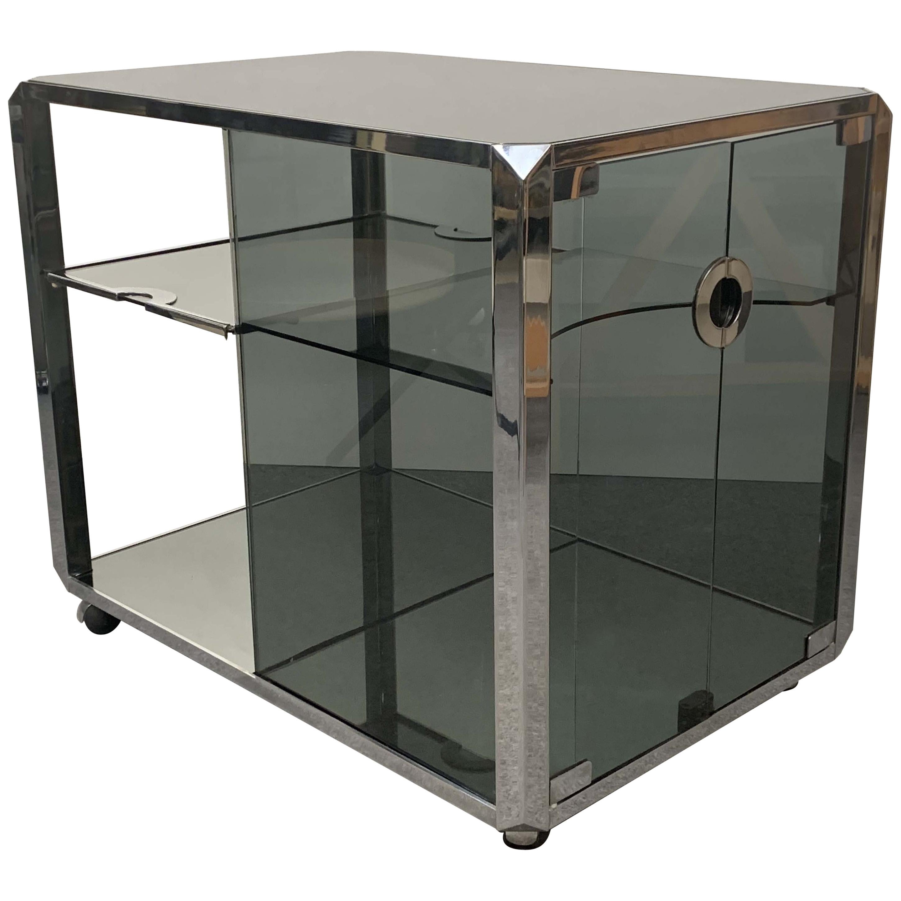 Willy Rizzo Chrome and Smoked Glass Midcentury Italian Bar Cart for Sabot, 1970s