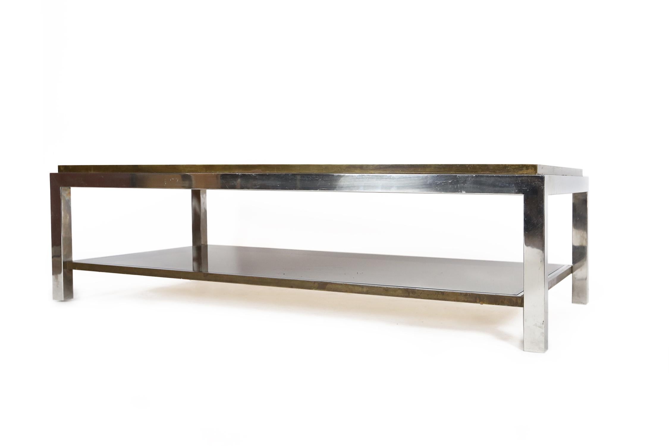 Italian Willy Rizzo Chrome, Brass and Smoked Glass Coffee Table, Italy, 1970s
