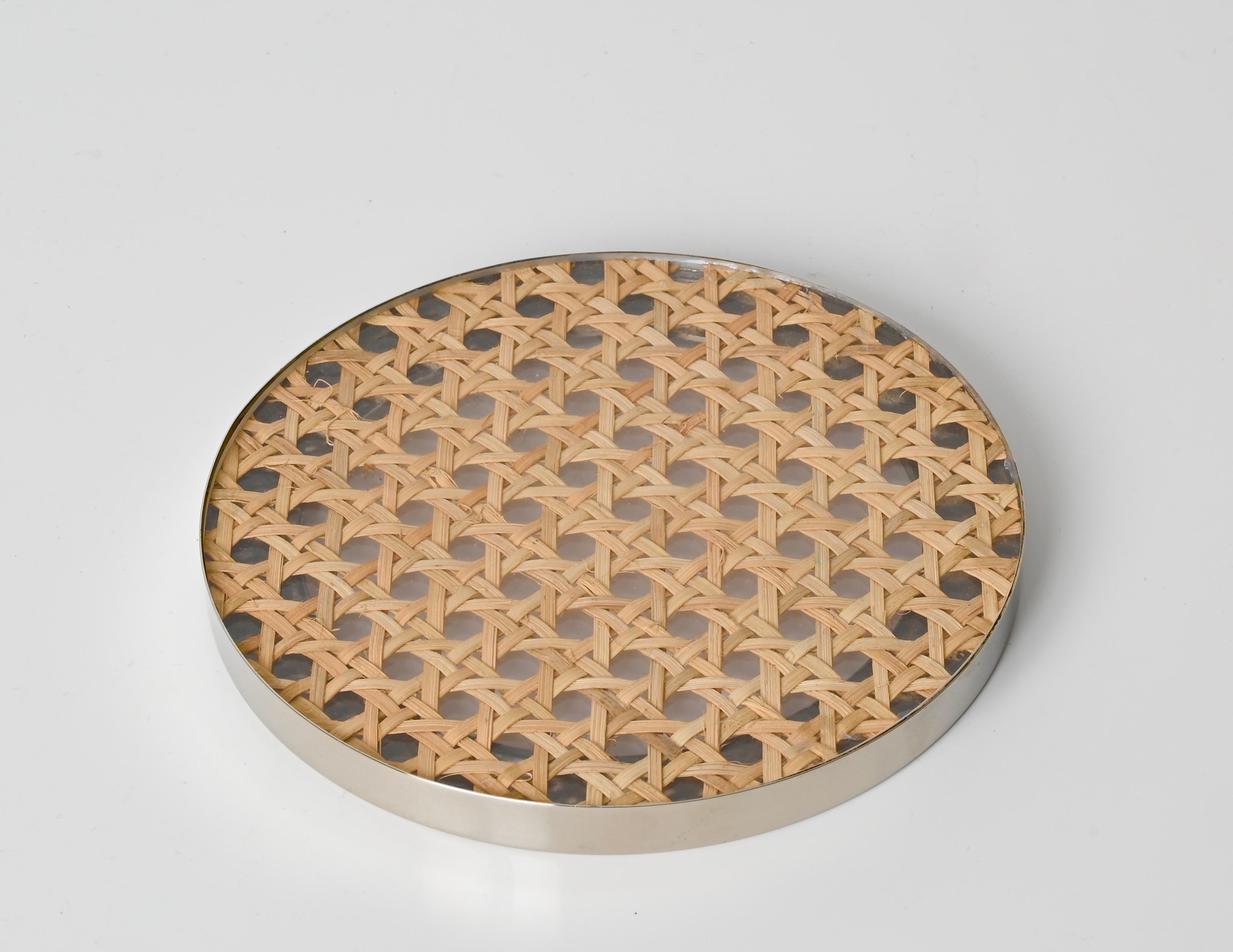 Willy Rizzo Chrome, Lucite and Vienna Straw Bottle Coaster, Italy 1970s 4