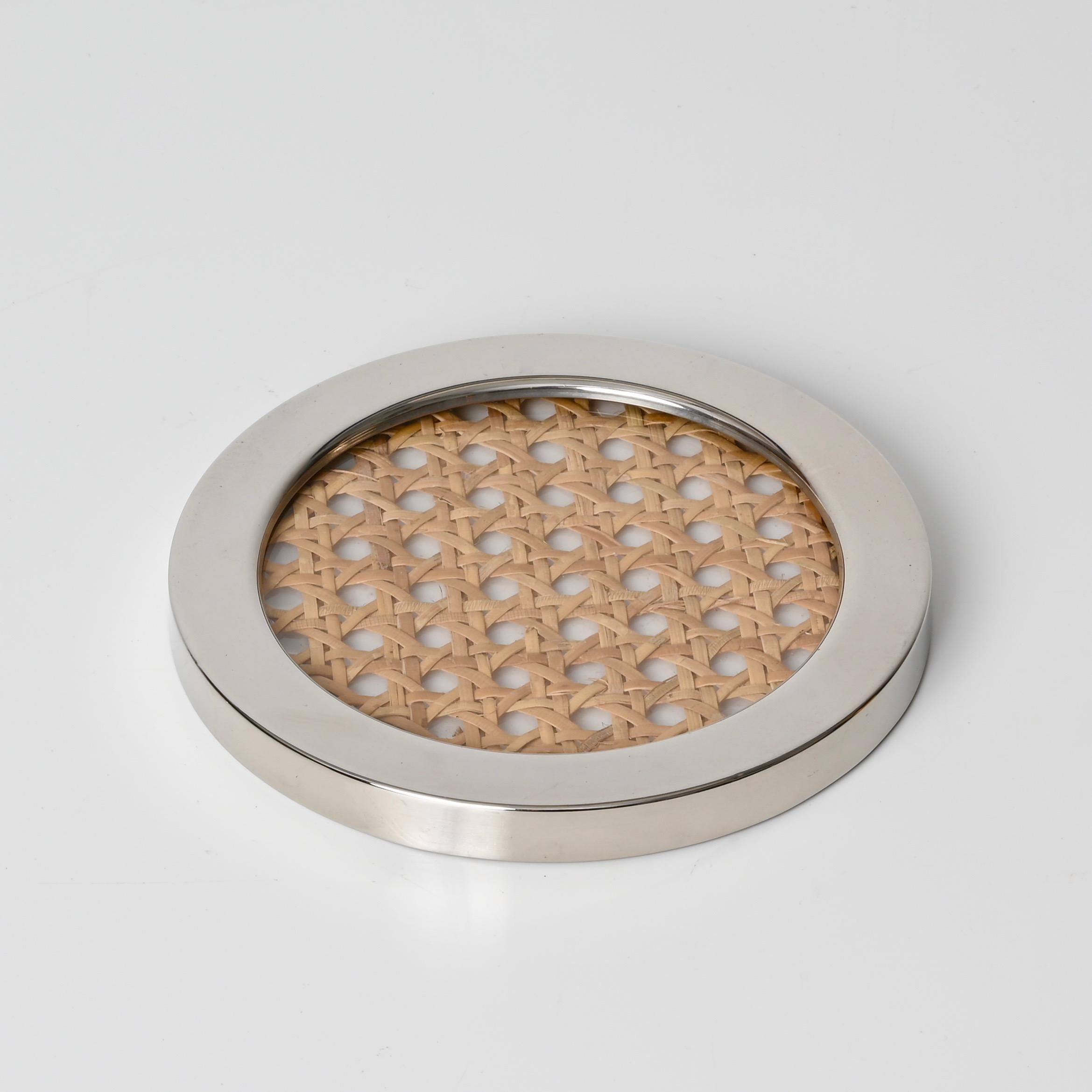 Hand-Crafted Willy Rizzo Chrome, Lucite and Vienna Straw Bottle Coaster, Italy 1970s