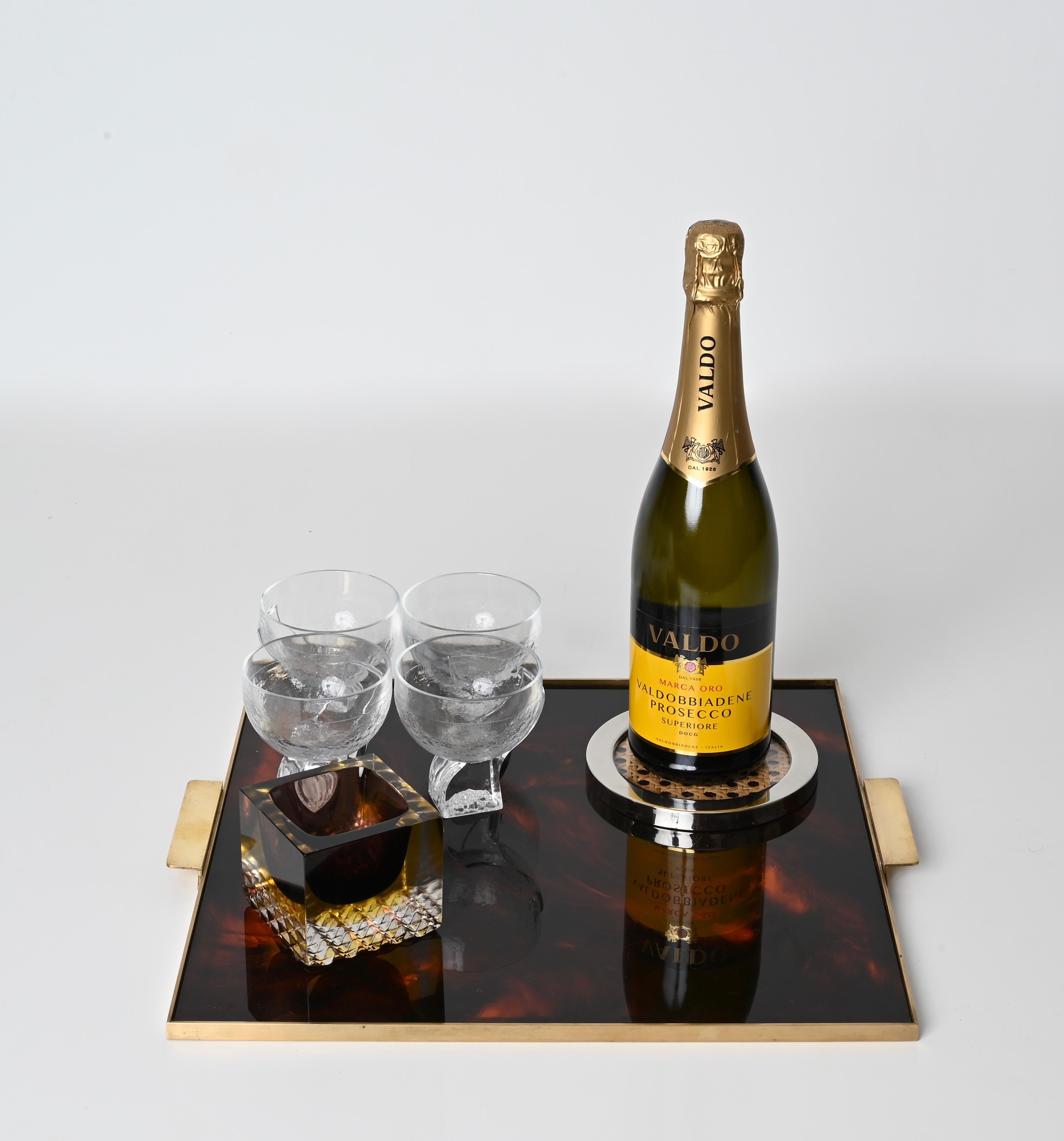 Willy Rizzo Chrome, Lucite and Vienna Straw Bottle Coaster, Italy 1970s In Good Condition In Roma, IT
