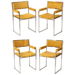 Willy Rizzo Chrome & Yellow Suede Signed SQ-BR Armchairs, Italy 1970s