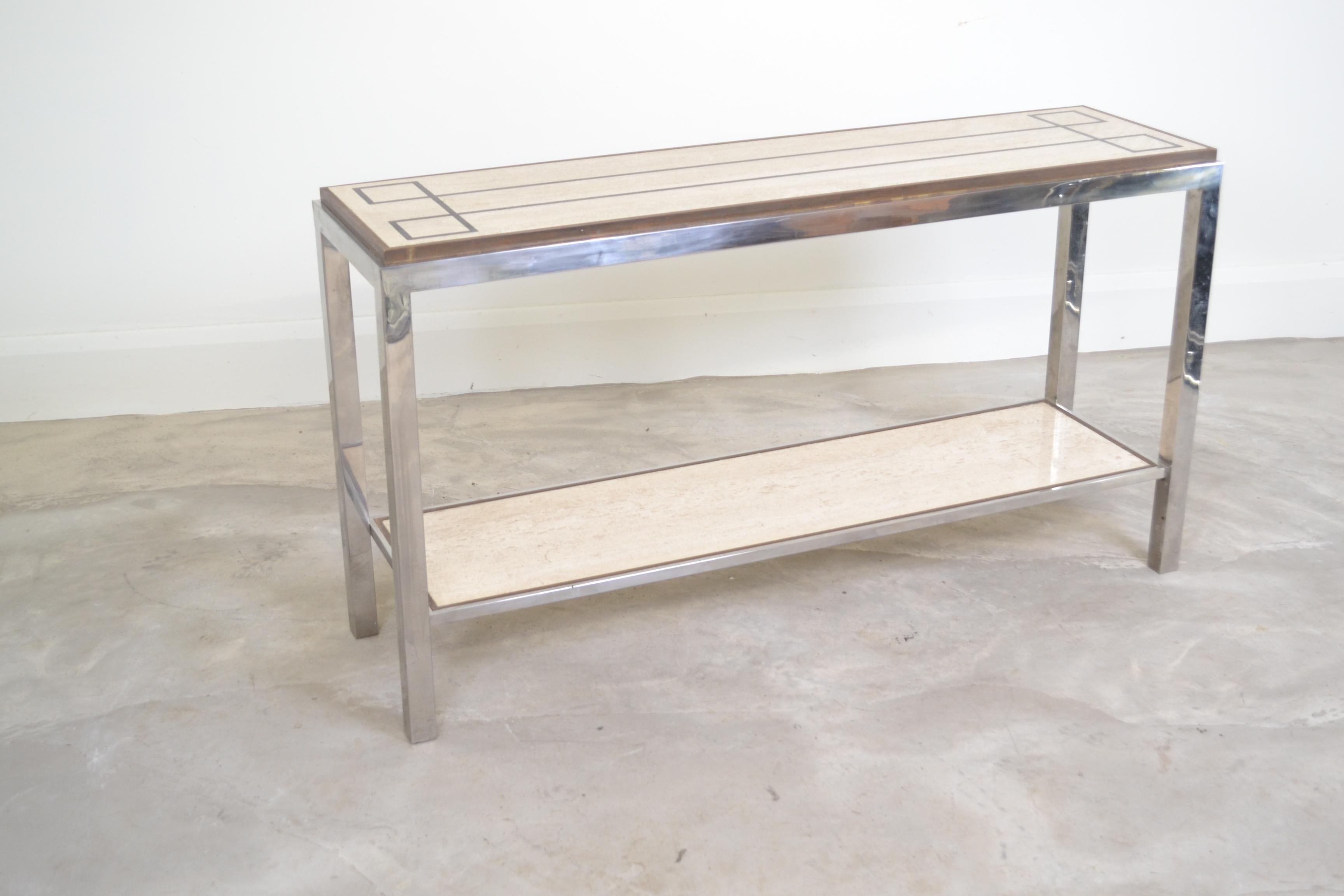 Late 20th Century Willy Rizzo Chromed Steel and Travertine Console, Italy, 1970