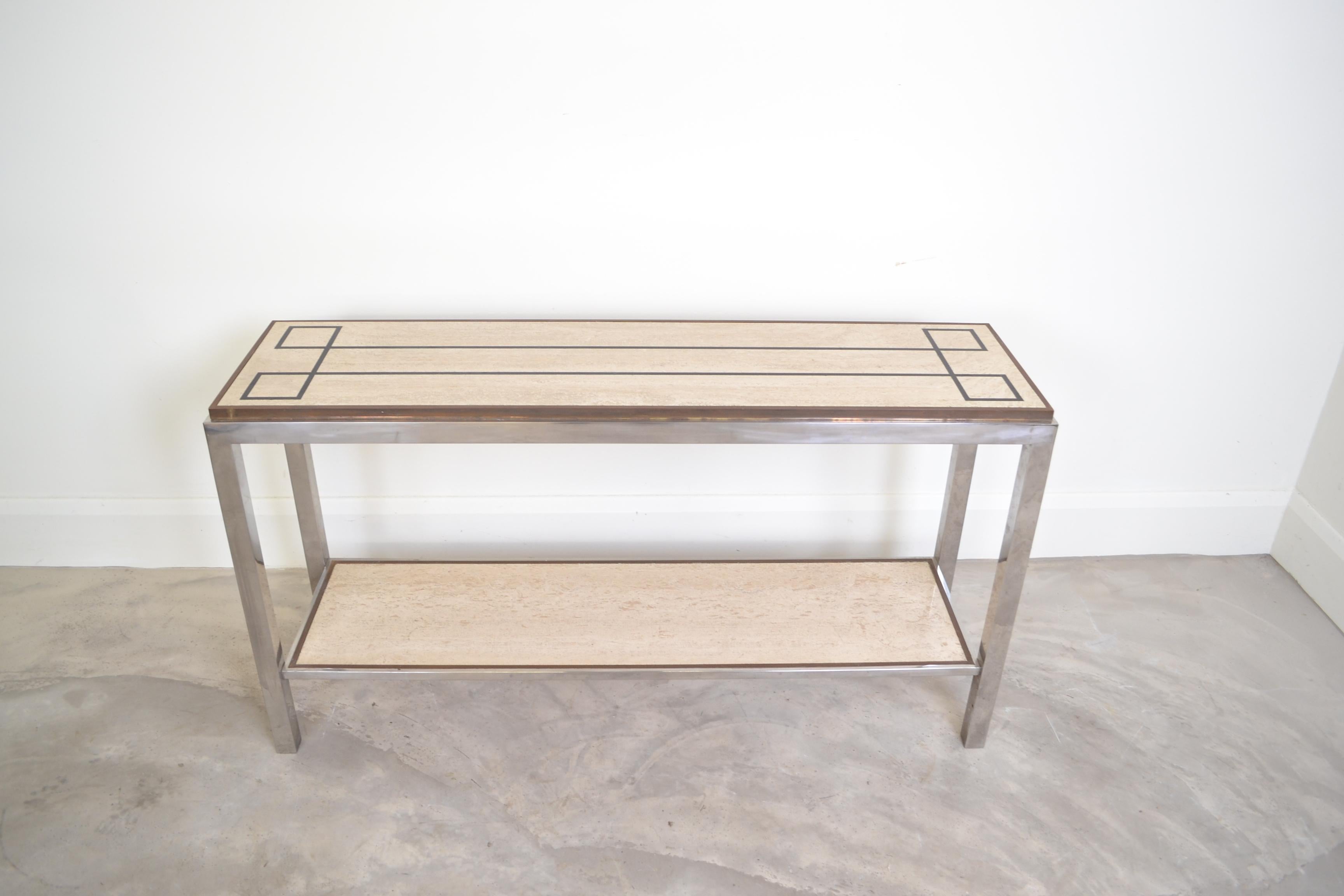 Willy Rizzo Chromed Steel and Travertine Console, Italy, 1970 3