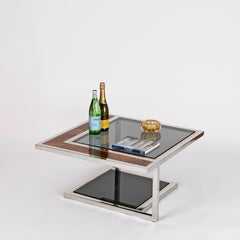 Tavolino da caffè Willy Rizzo in cromo, ottone, legno di radica e vetro fumé, Italia, anni '70