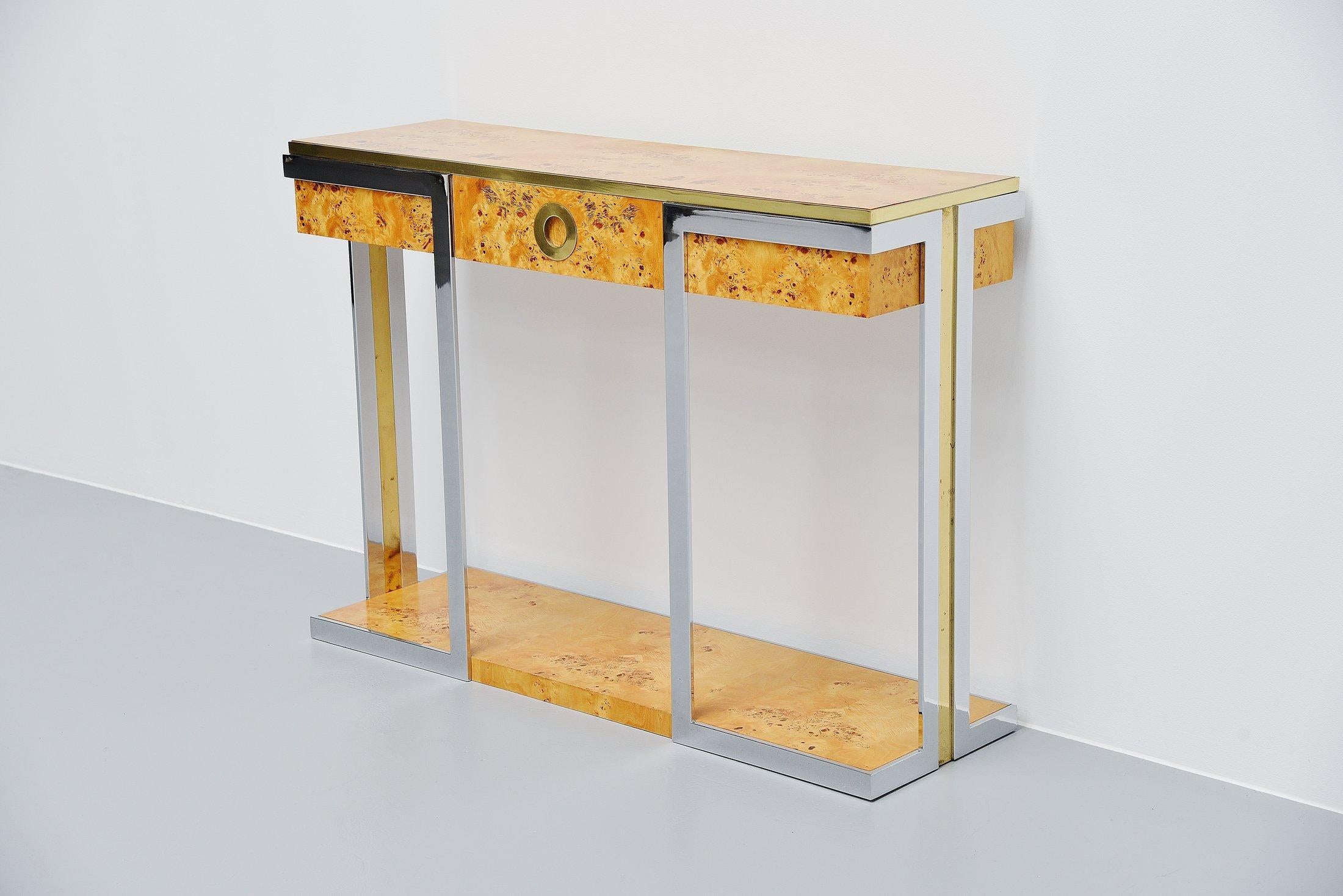 Italian Willy Rizzo Console Table Brass Burlwood Mario Sabot, Italy, 1970