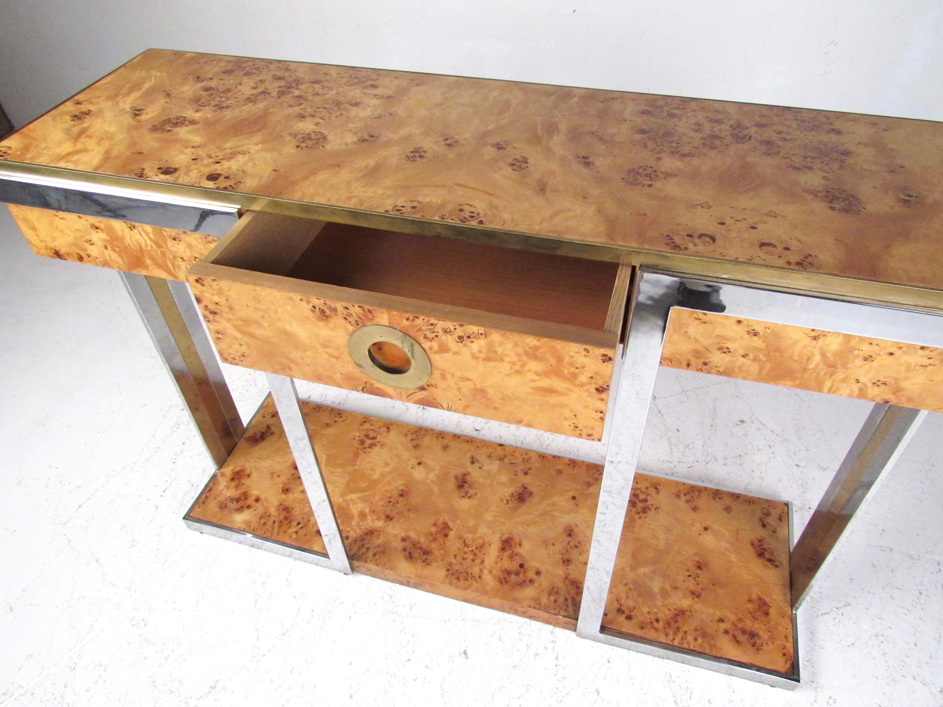 Mid-Century Modern Willy Rizzo Console Table in Burlwood and Brass by Mario Sabot For Sale