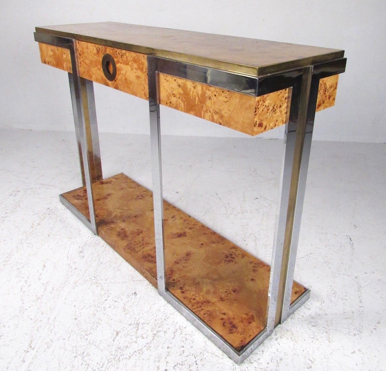 Italian Willy Rizzo Console Table in Burlwood and Brass by Mario Sabot For Sale
